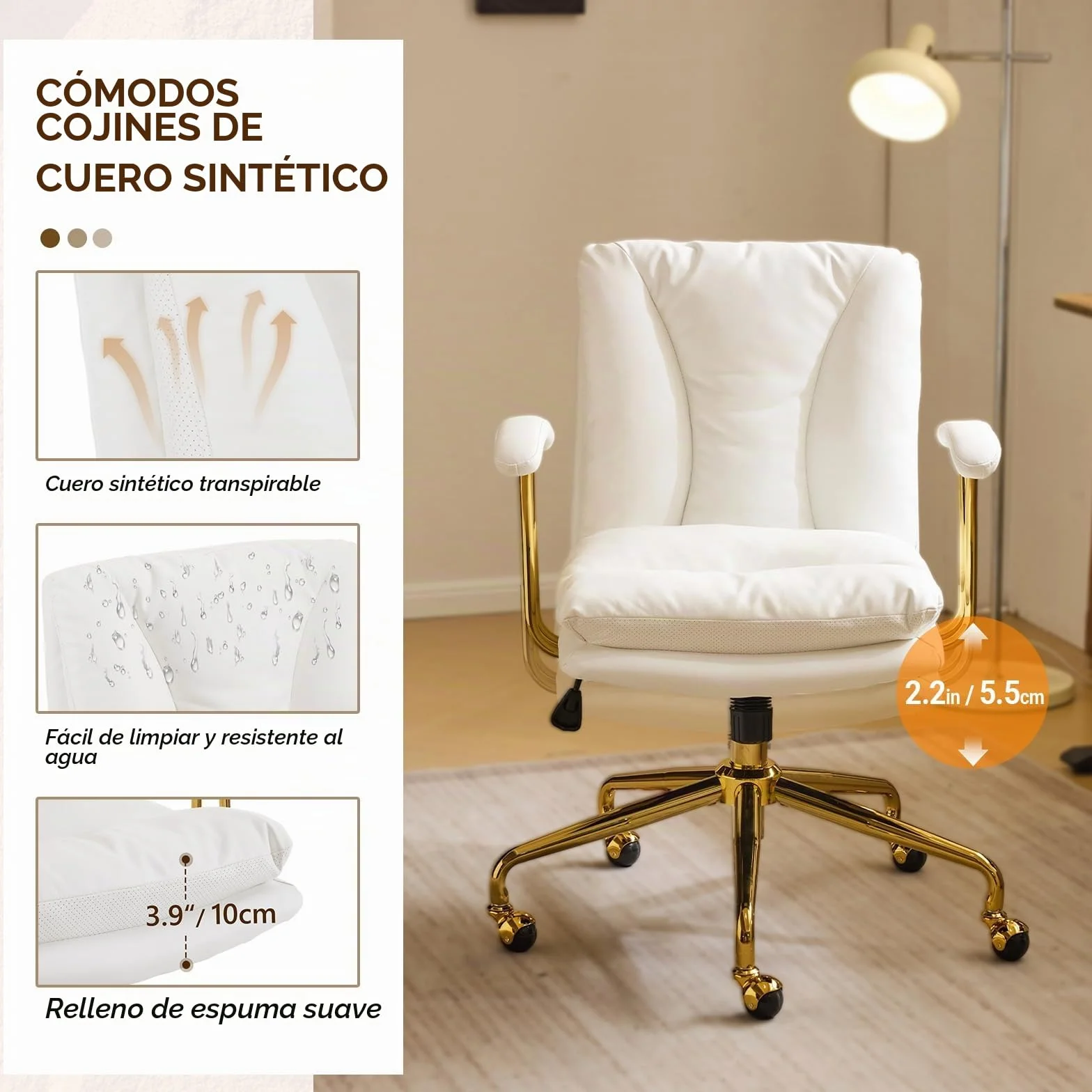 Bonnlo Silla de Escritorio, Silla ergonómica con reposabrazos, Silla ejecutiva, Silla giratoria, Regulable en Altura y Función de Inclinación, Oficina en Casa, Cuero PU, Blanco