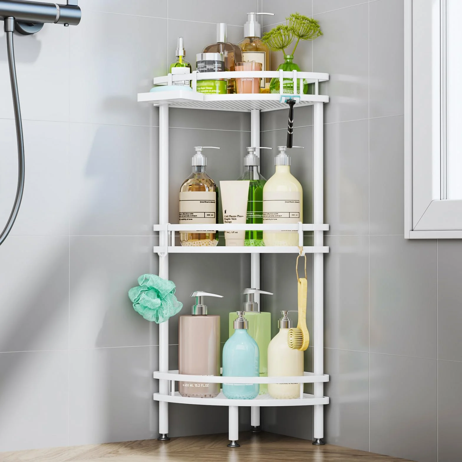 HapiRm Organizador de ducha de esquina de pie – Organizador de ducha de 3 niveles con soporte para jabón y 4 ganchos, estantes de ducha inoxidables con adhesivos para baño, color blanco