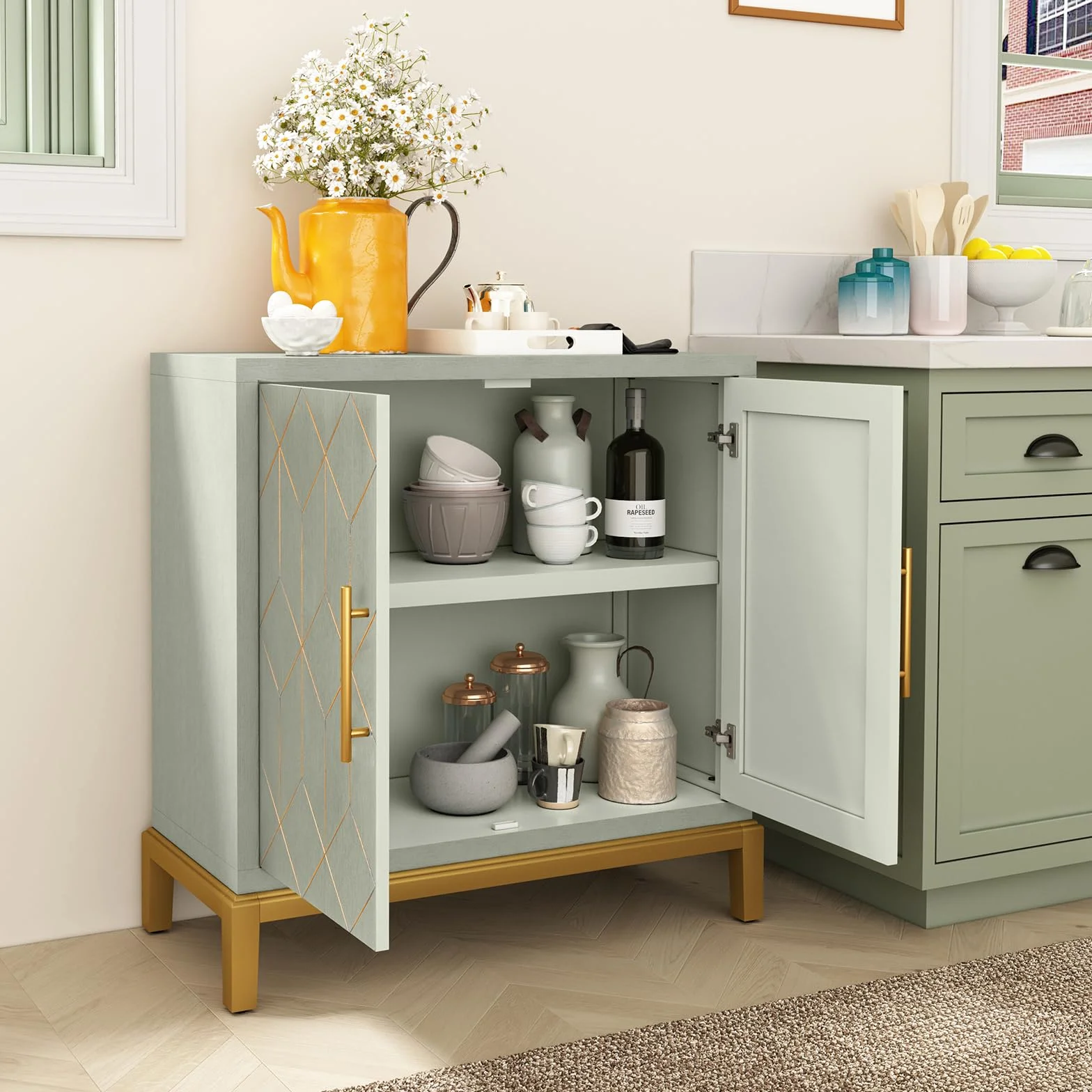 HOLTICO Armario de cocina, armario de baño, armario de salón, armario verde con estante ajustable, armario independiente para cocina, baño, salón, garaje, líneas doradas y patas