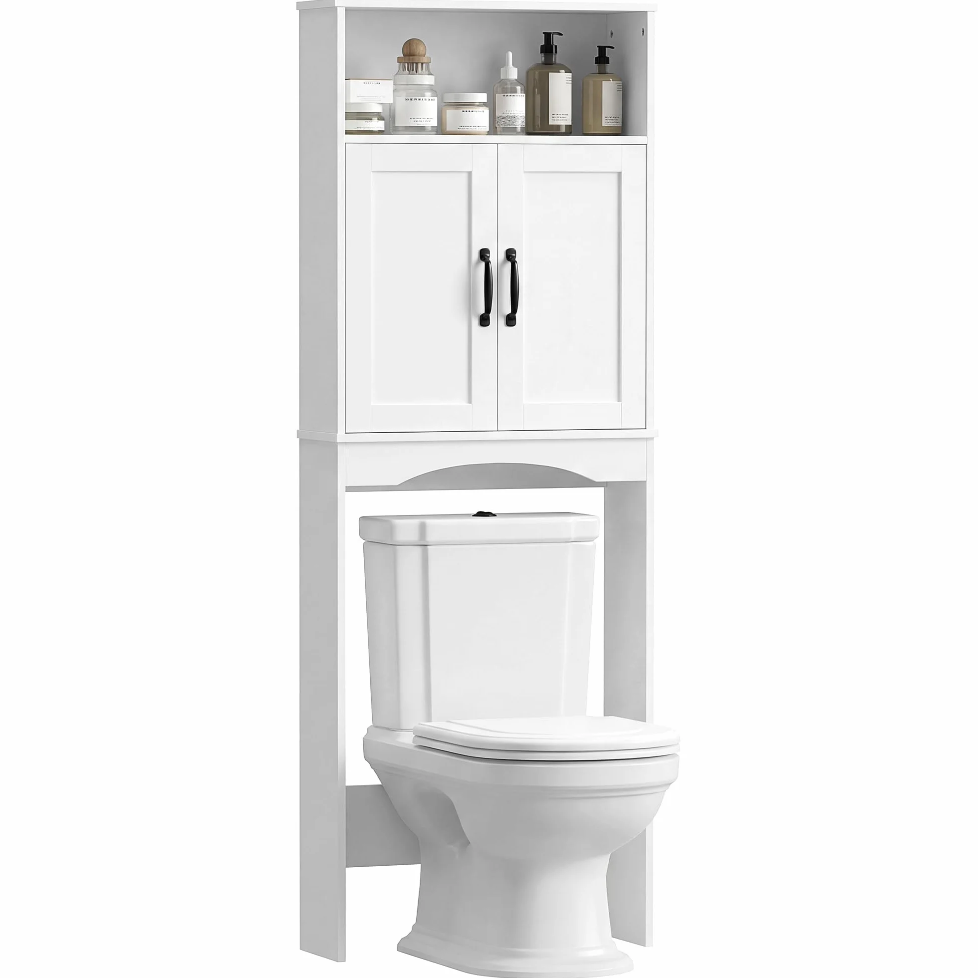 HOMCOM Mueble sobre Inodoro, Armario sobre Inodoro, Mueble de Baño con 2 Puertas de Cierre Silencioso, Estante Abierto para Lavanderías, Espacios Pequeños, 64x21x173,5 cm, Blanco