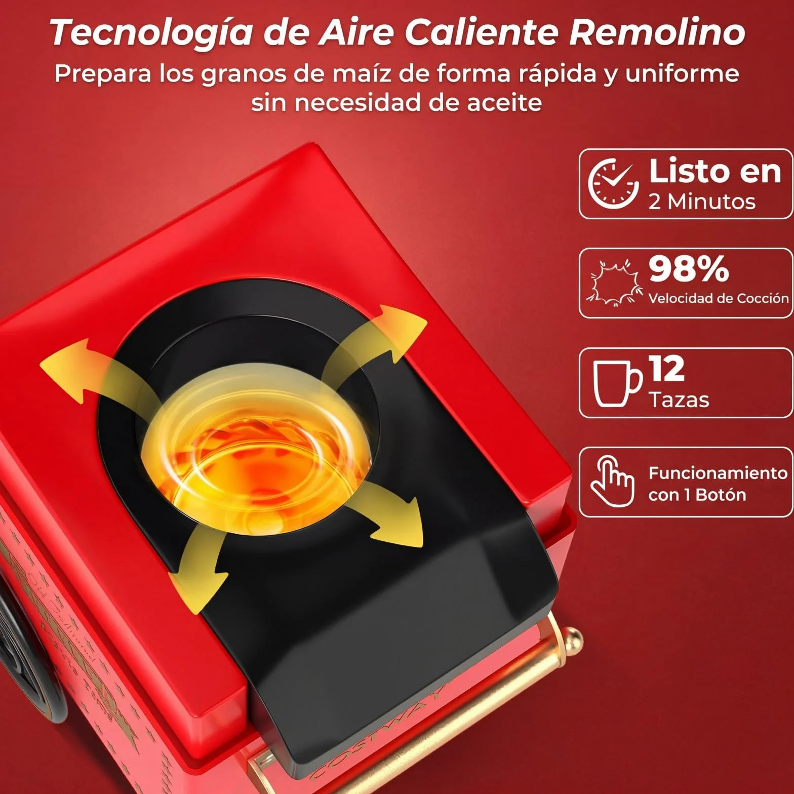 COSTWAY 1200 W Palomitero Eléctrico de Aire Caliente, Máquina de Palomitas Maíz sin Aceite ni Grasas, 12 Tazas con Vaso Medidor, Palomitera Retra de Sobremesa para Hogar, Cine, Fiesta