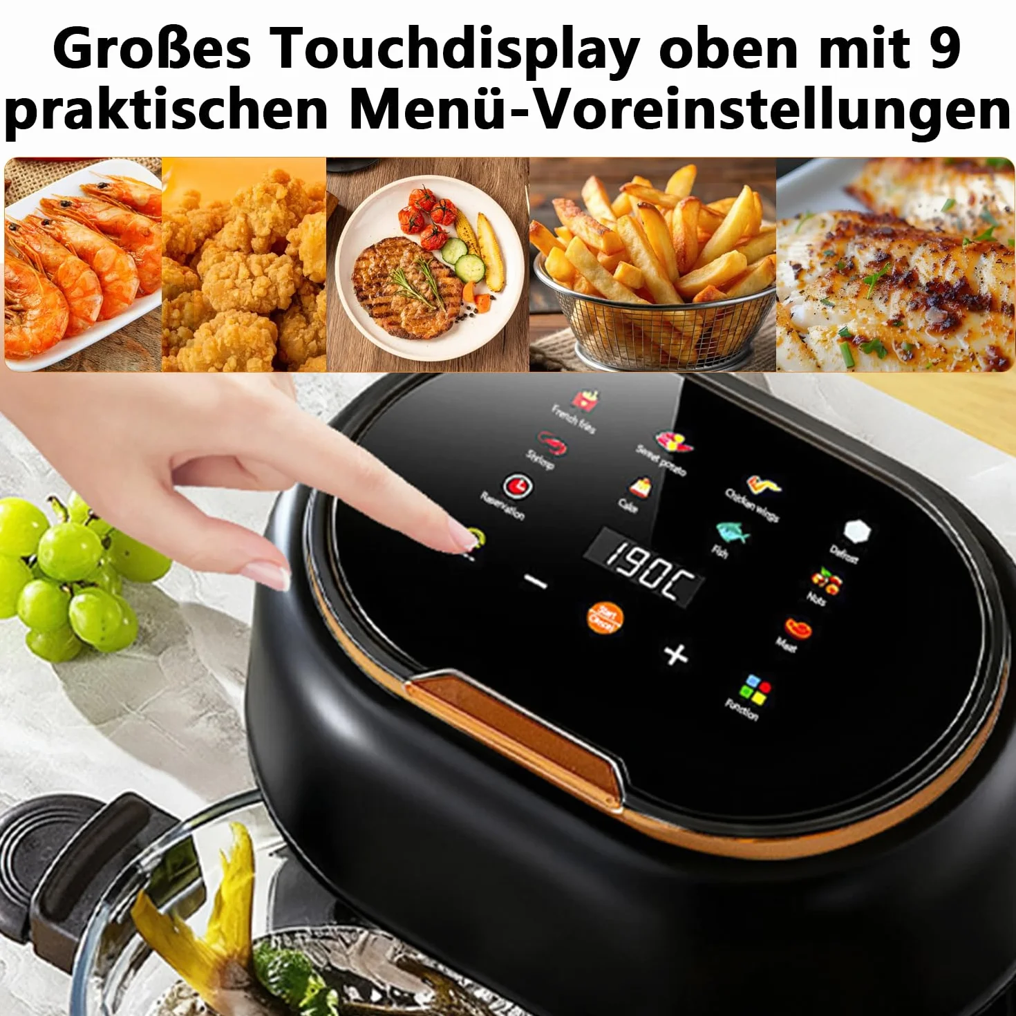 Freidora de aire caliente de 4 L, 1350 W, 9 en 1, multifuncional, pantalla táctil, con cesta de cristal y ventana, 8 programas inteligentes y temporizador de 24 horas, freír, asar, hornear para