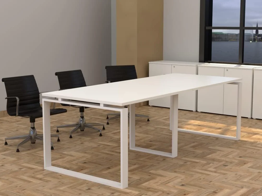 Mesa con Estructura metálica Marco Cerrado Blanco de 240x100, con pata retranqueada y Tablero melaminado Ideal para Sala de Juntas, reuniones, conferencias (Blanco)
