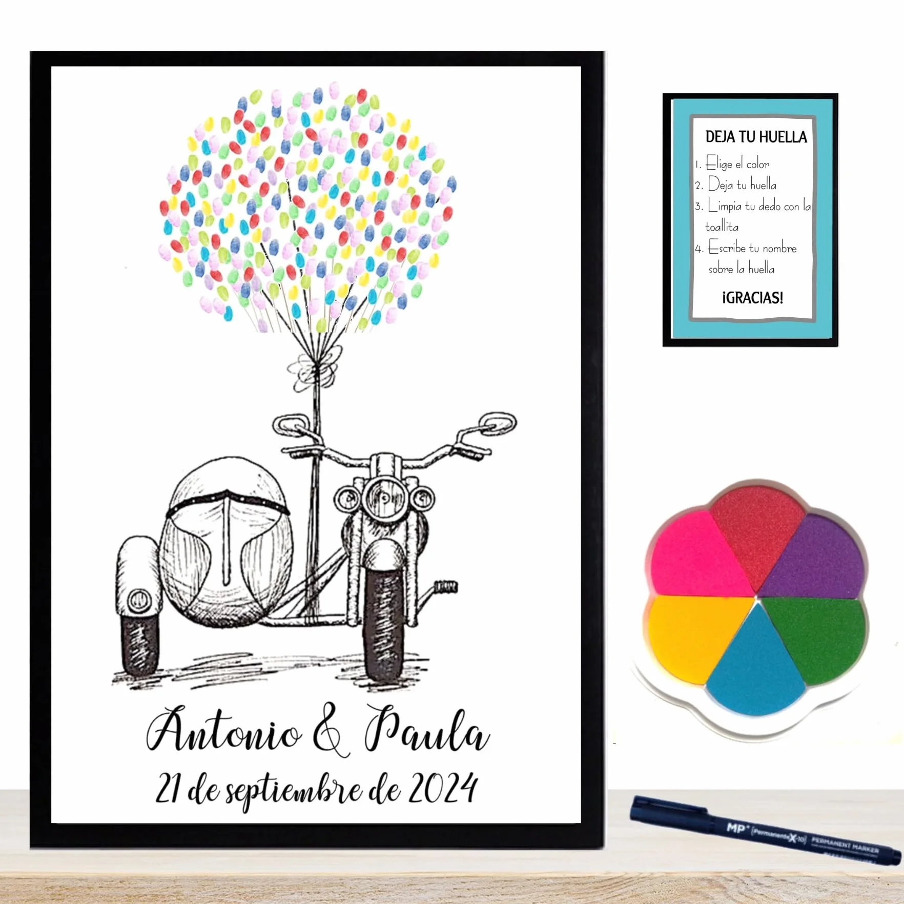 Libro Firmas Boda, Cuadro de Huellas Personalizado, Regalo Original para Novios, Incluye Marco de Madera 3 Colores, Tintas e Intrucciones. (Huellas Sidecar, 50 X 60 CM)