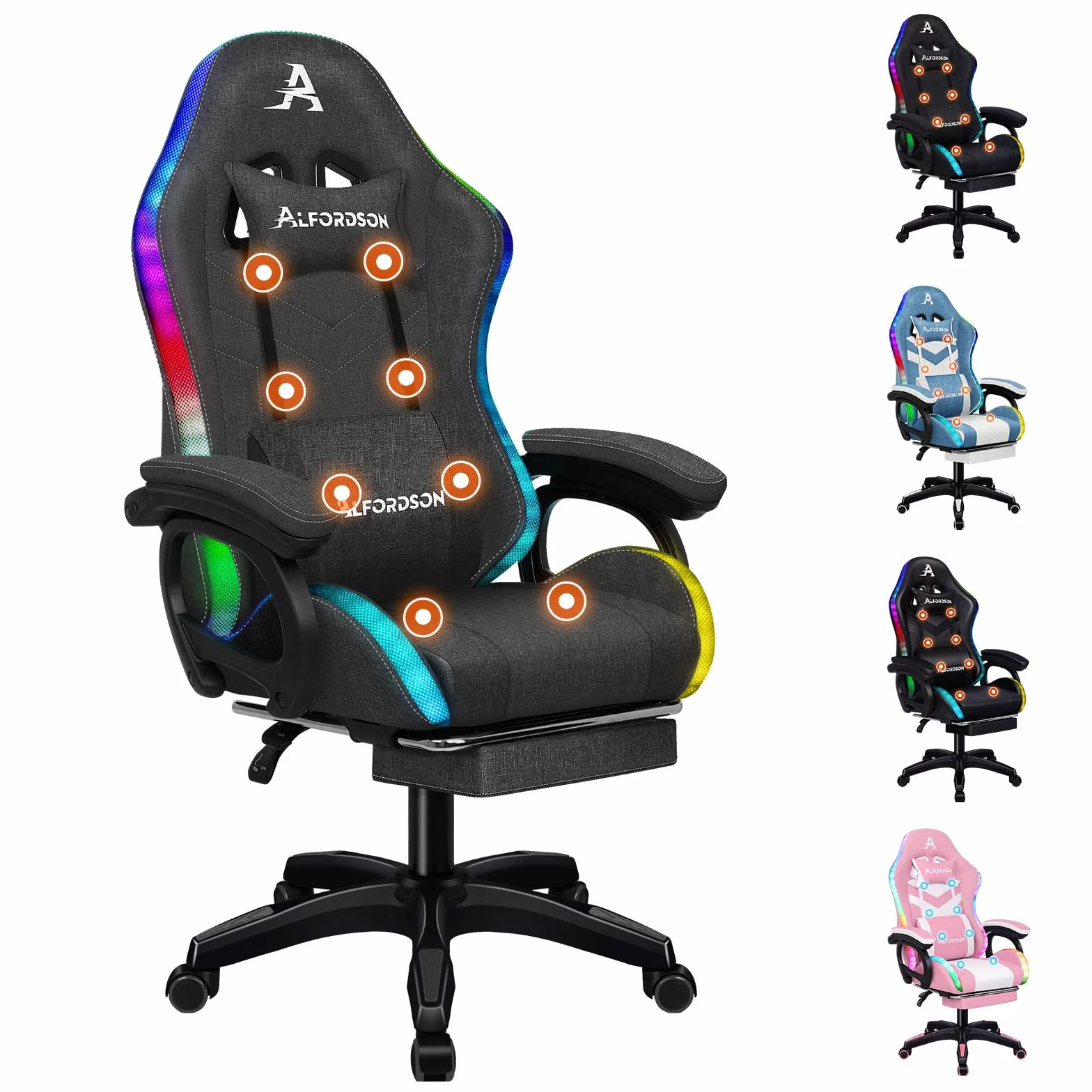 ALFORDSON Silla Gaming con Masaje y LED, Silla Gamer Ergonómica con Cojín Lumbar y Cervical, Reposapiés Telescópico, Iluminación para Ordenador, Videojuego, Juegos, Oficina, Lino(Gris Oscura)