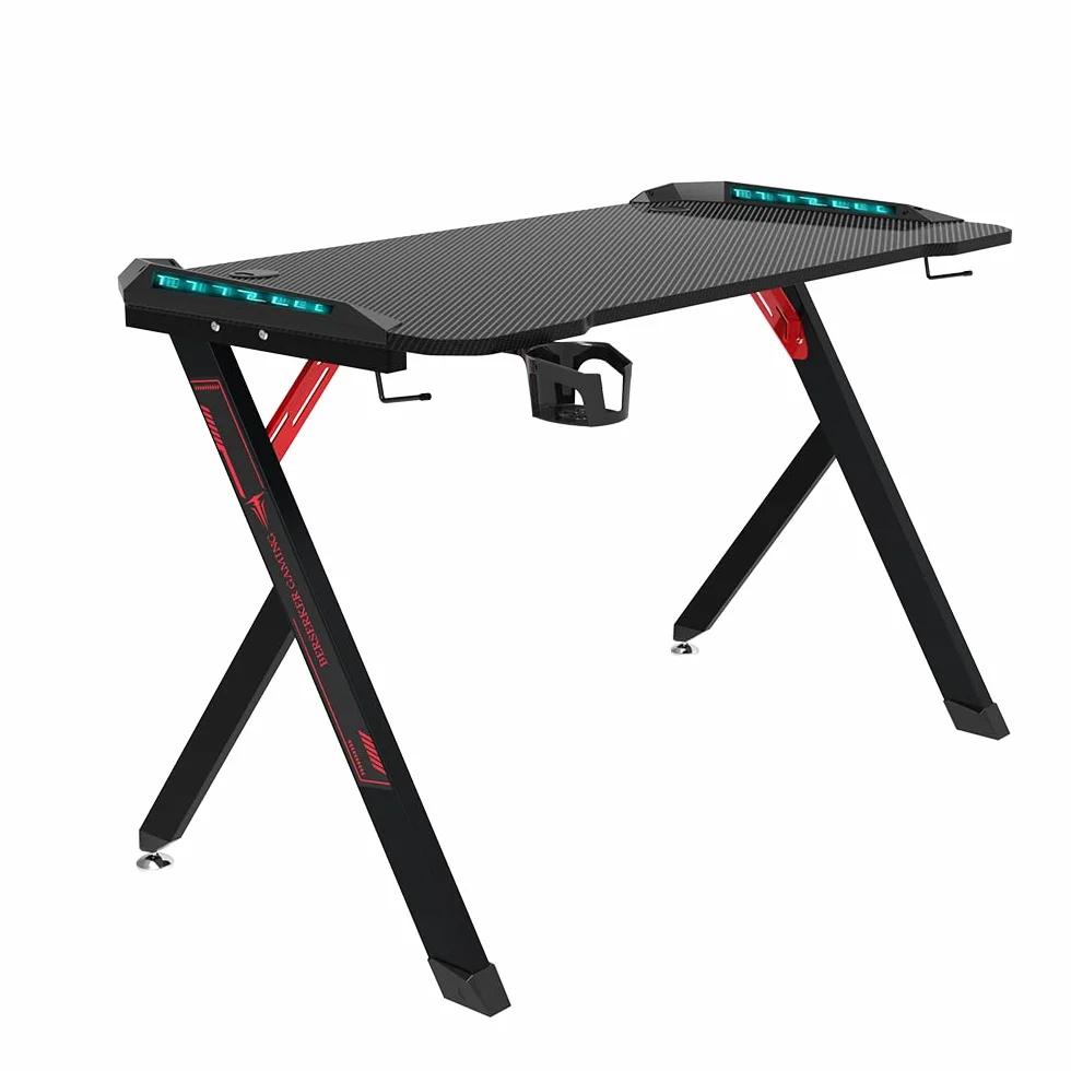 Mesa Gamer con LED, 113 x 60 x 75 cm, Superficie Resistente, Gestión de Cables, Negro