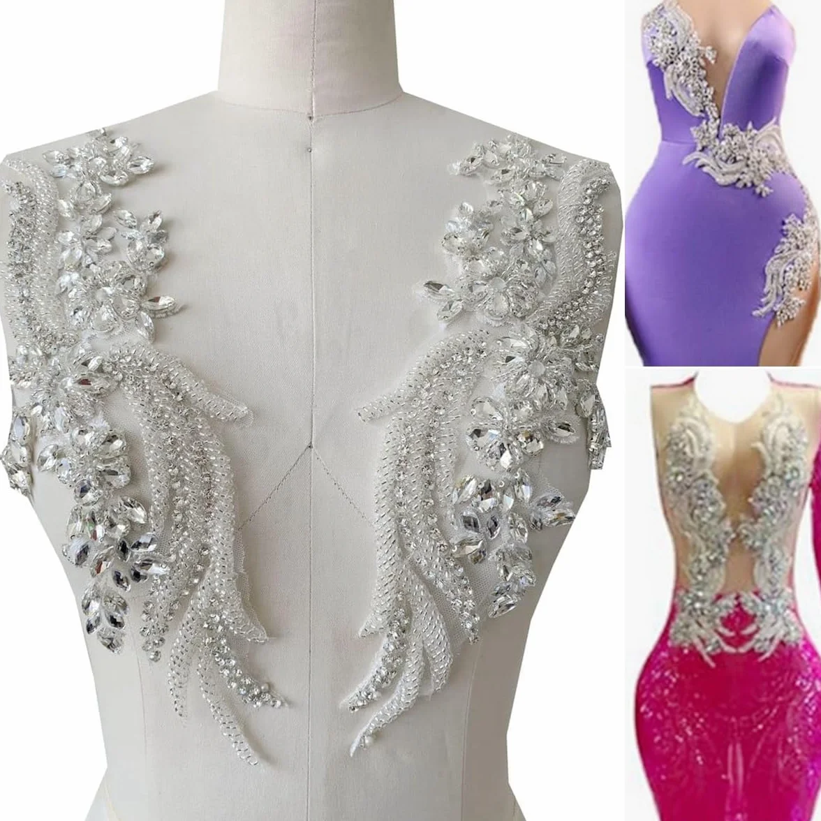 Apliques de encaje con diamantes de imitación para coser a mano, accesorios de decoración en forma de ala, parches de un par