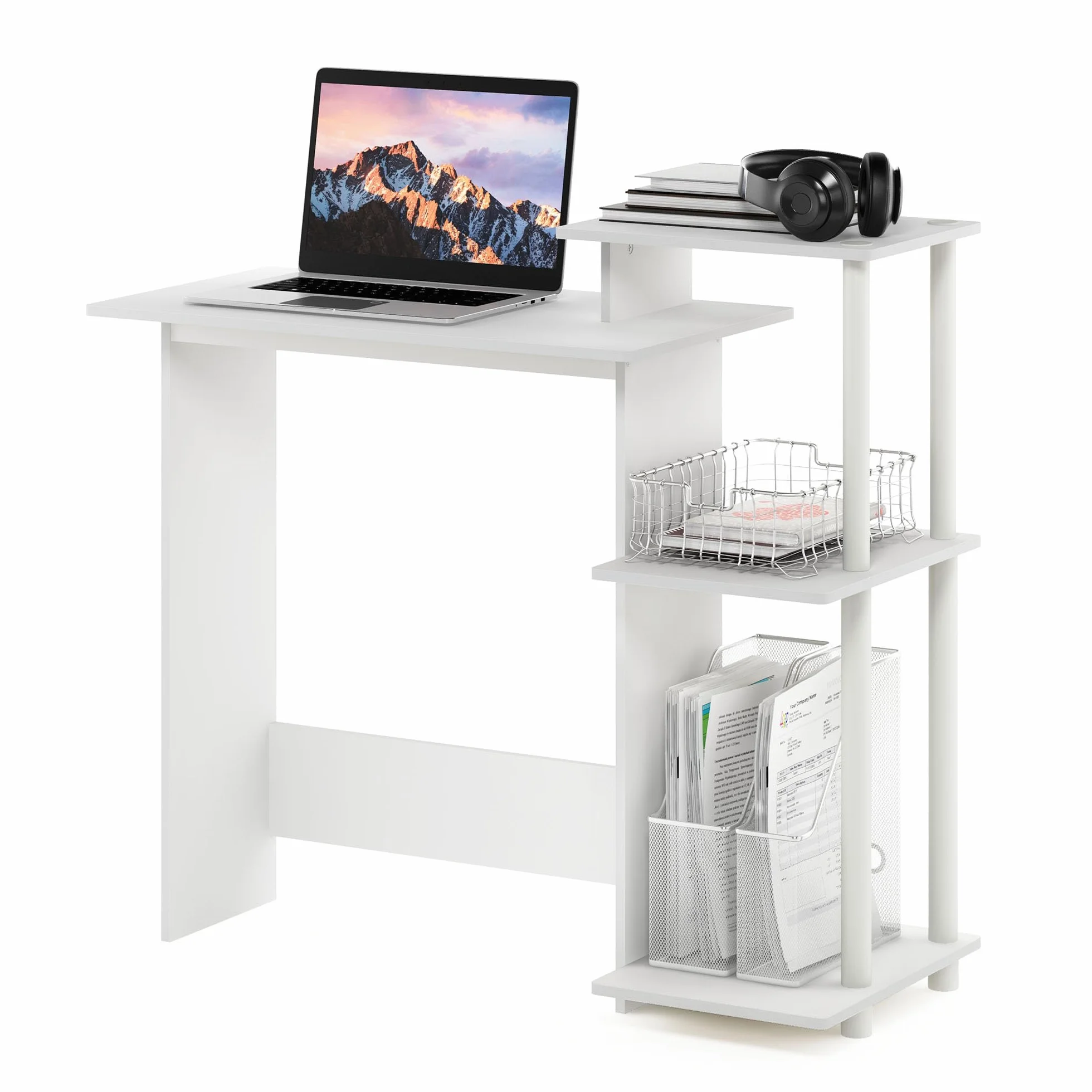 Furinno portátil Escritorio para computadora con estantes, Madera de ingeniería Plástico, Blanco/Blanco, 39.62 (D) x 100.58 (W) x 85.34 (H) cm