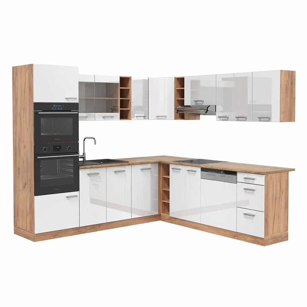 Vicco Cocina esquinera R-Line, Blanco Brillo Intenso/Roble Dorado, 247 x 46 cm sin encimera, para Montaje Individual y ampliación con módulos adicionales