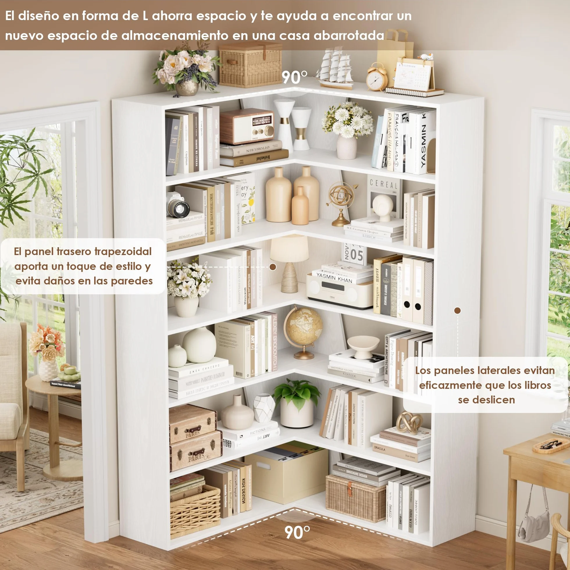 FirFurd 190.5cm Estantería Esquina 6 Niveles, Estantería Libros, Librería Salón, Estanterías Almacenaje Madera, Libreria Estanteria, con 12 Compartimentos, para Salón, Oficina, Estudio (Blanco)