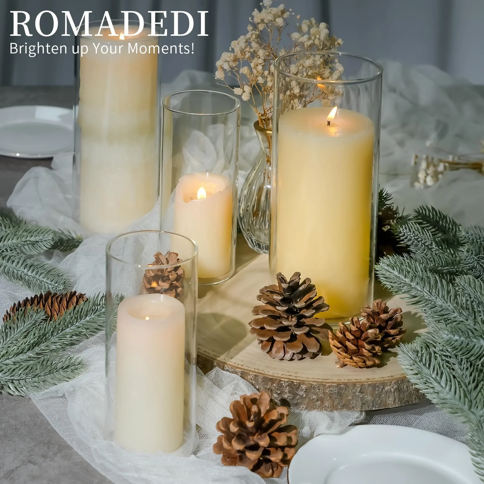 Romadedi Portavelas de cristal para boda, juego de 12 unidades, cilindro transparente, 15/20/25 cm | Vasos para velas flotantes, decoración de mesa, mesa de comedor, fiesta, sala de estar, exterior