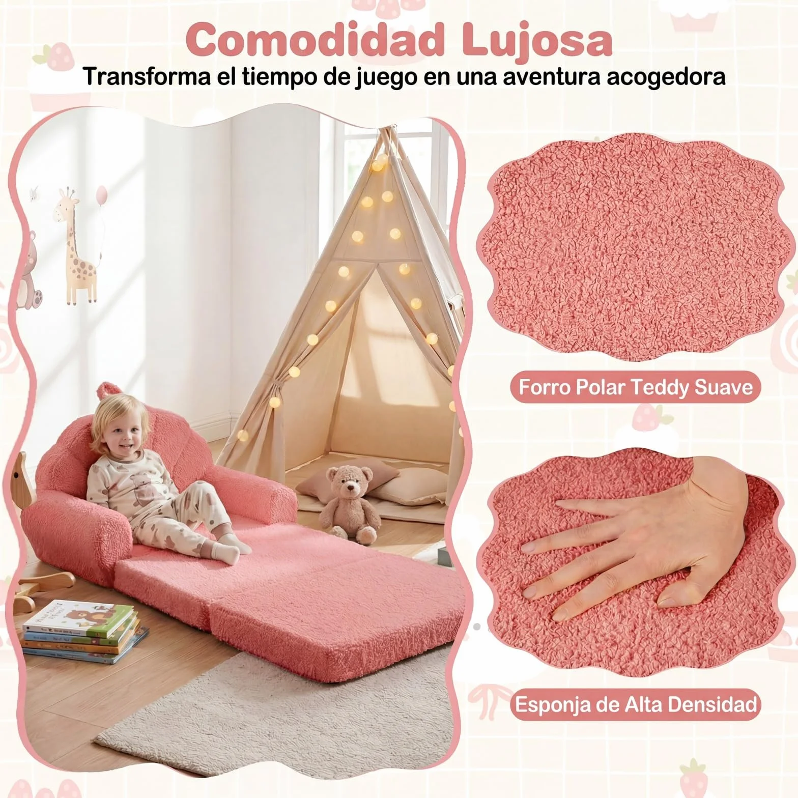 GOPLUS Sofá Plegable para Niños, Sofá Cama 2 en 1 con Funda de Forro Polar Lavable, Respaldo en Forma de Concha y Reposabrazos, Sillón Infantil de Espuma para Niños de 3+ Años (Rosa)