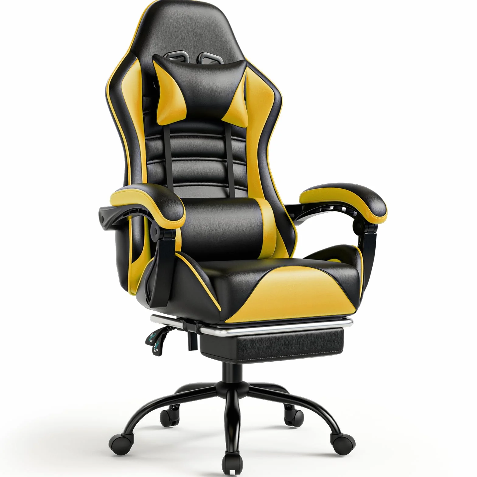 Silla de Juego con reposapiés,Silla y Mesa de Juego Ajustable en Altura,Silla de Juego para Adultos con Soporte Lumbar,Silla de Ordenador de Cuero sintético (Amarillo)