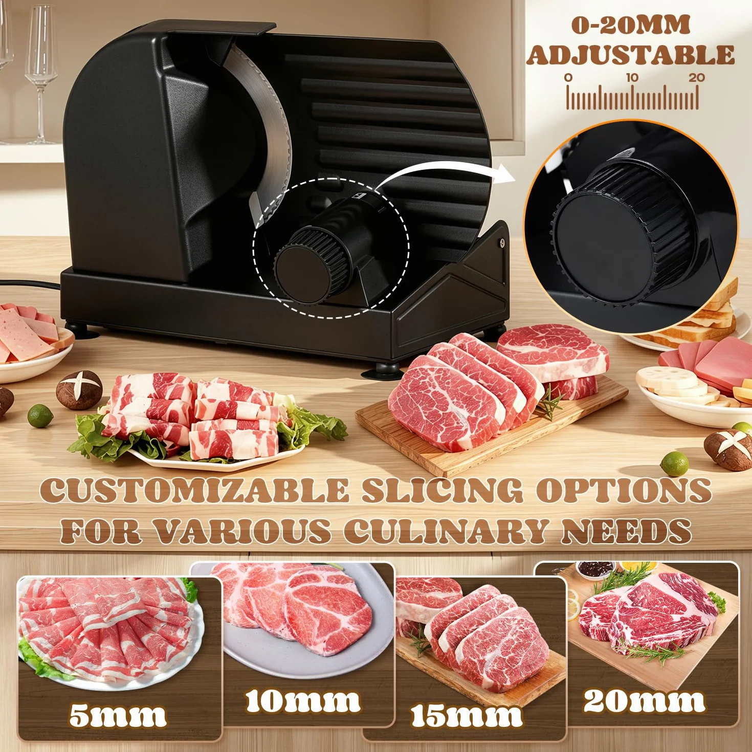 Moongiantgo Cortadora de Fiambre Casa Cortafiambres Eléctrico Profesional con 2x Cuchilla de Acero Inox Extraíble, Ø185mm, Regulador de Grosor 1-20mm, para Pan/Corte Jamon/Carne/Queso/Embutido (220W)