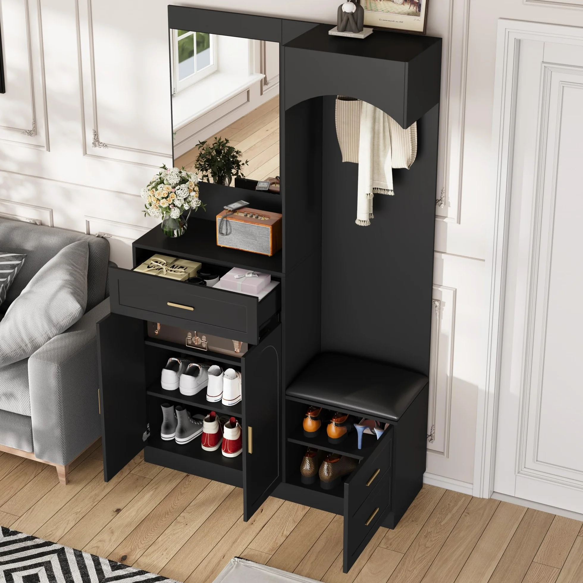 Armario moderno compacto, armario y zapatero, armario de entrada, estante de almacenamiento multifuncional con espejo, 110 x 33 x 185,5 cm (negro)