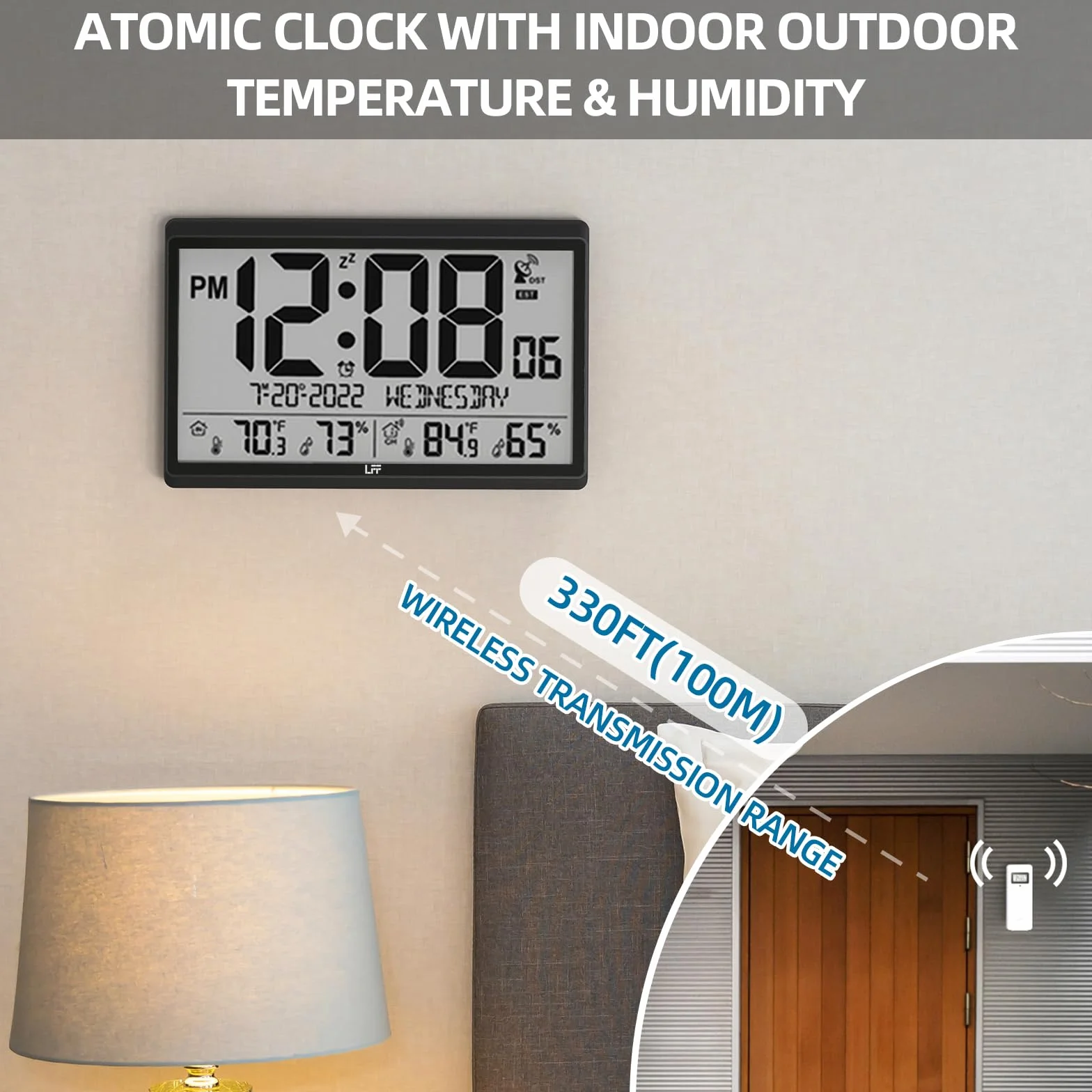 Reloj atómico nunca necesita configuración, funciona con pilas, reloj de pared digital con temperatura y humedad interiorexterior, sensor inalámbrico para exteriores, reloj de pared atómico con
