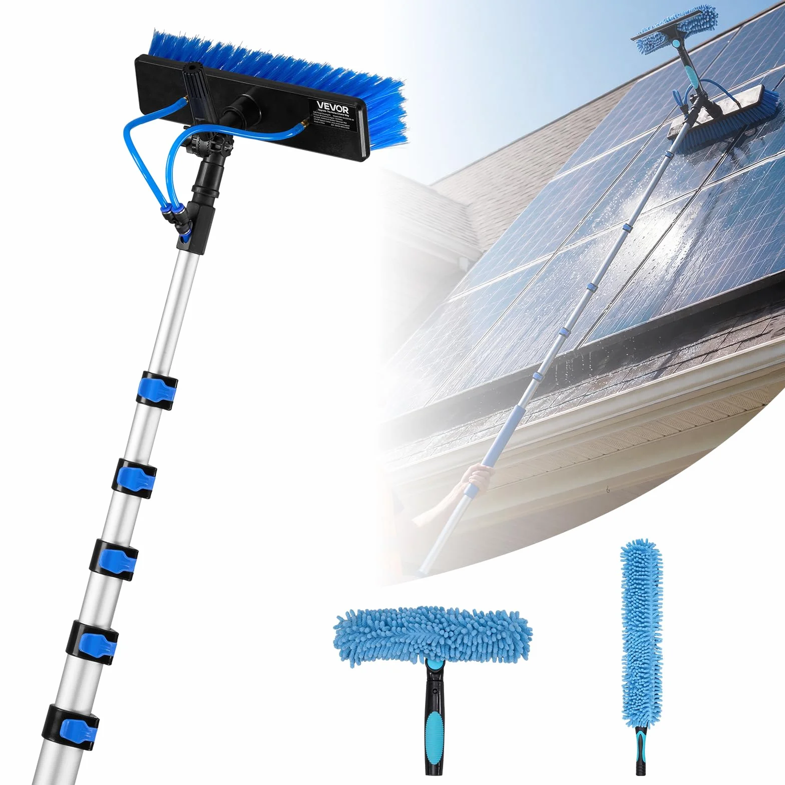 VEVOR Kit de Limpieza de Paneles Solares con Pértiga Telescópica 10 m, Cabezal Giratorio, Suministro de Agua, Dispensador de Jabón, Kit de Cepillo de Limpieza con Manguera 20 m para Terrazas Ventanas