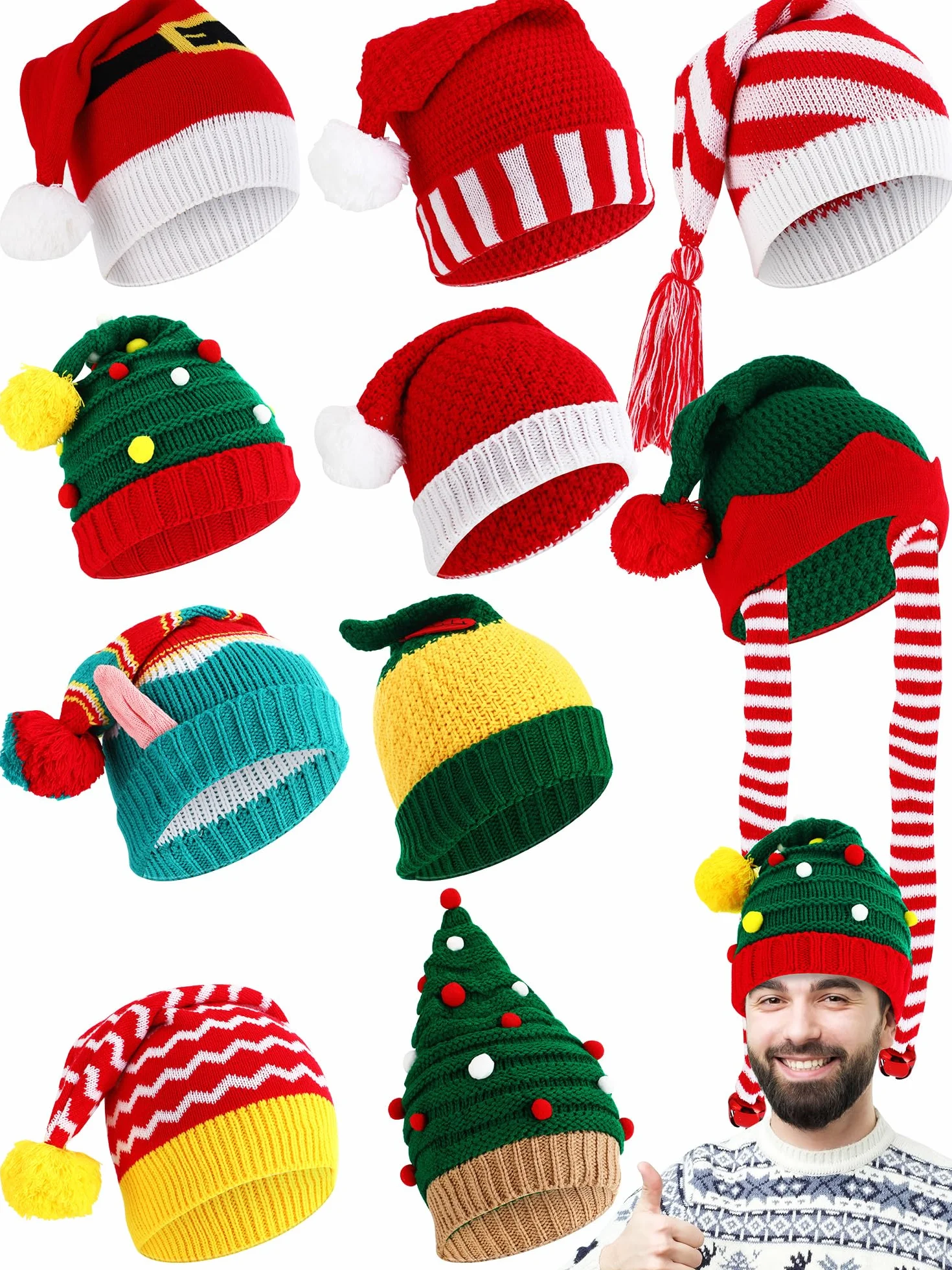 Liitrsh - Sombreros de Papá Noel unisex de punto de ganchillo (10 unidades), diseño de pompones, gorro de Navidad con pompones, sombrero de elfo divertido para mujer y hombre, para fiesta de Navidad