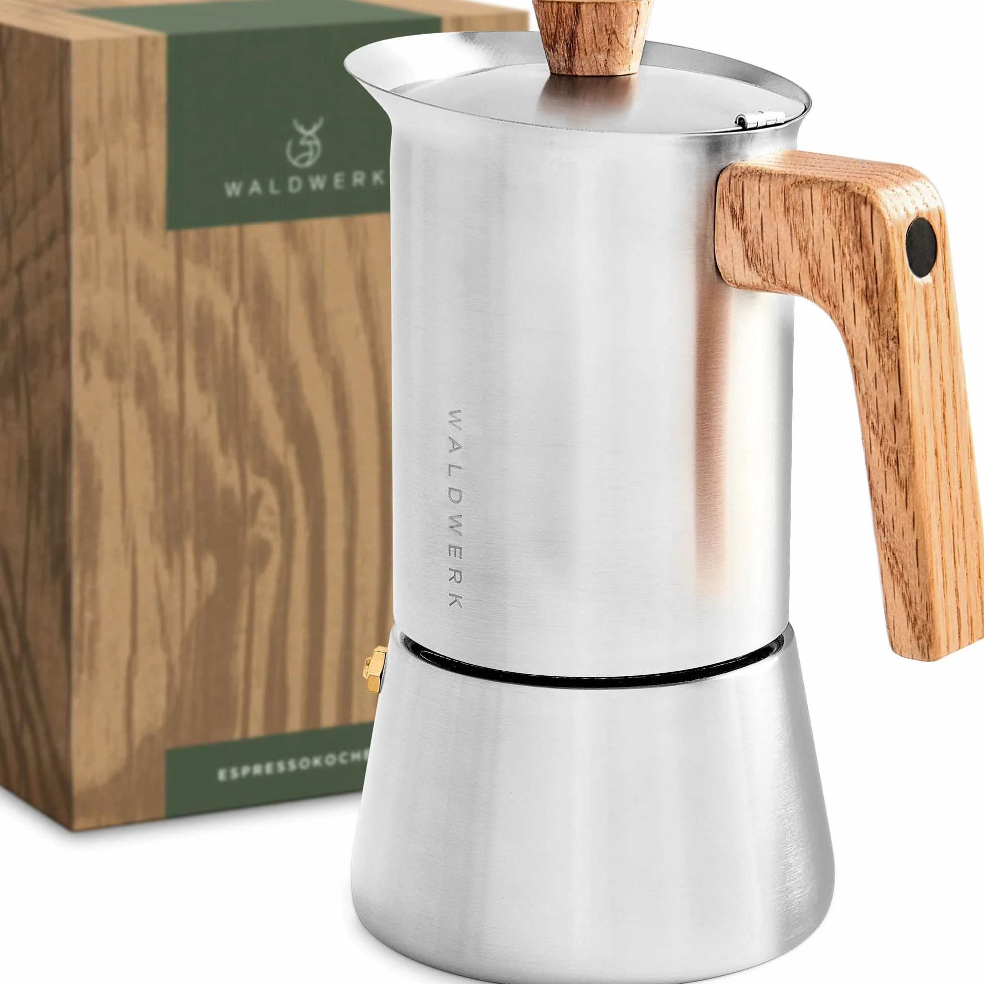 WALDWERK Cafetera italiana induccion (300 ml) – Cafetera italiana acero inoxidable todo tipo de cocinas – Cafetera induccion con mango de auténtica madera de roble