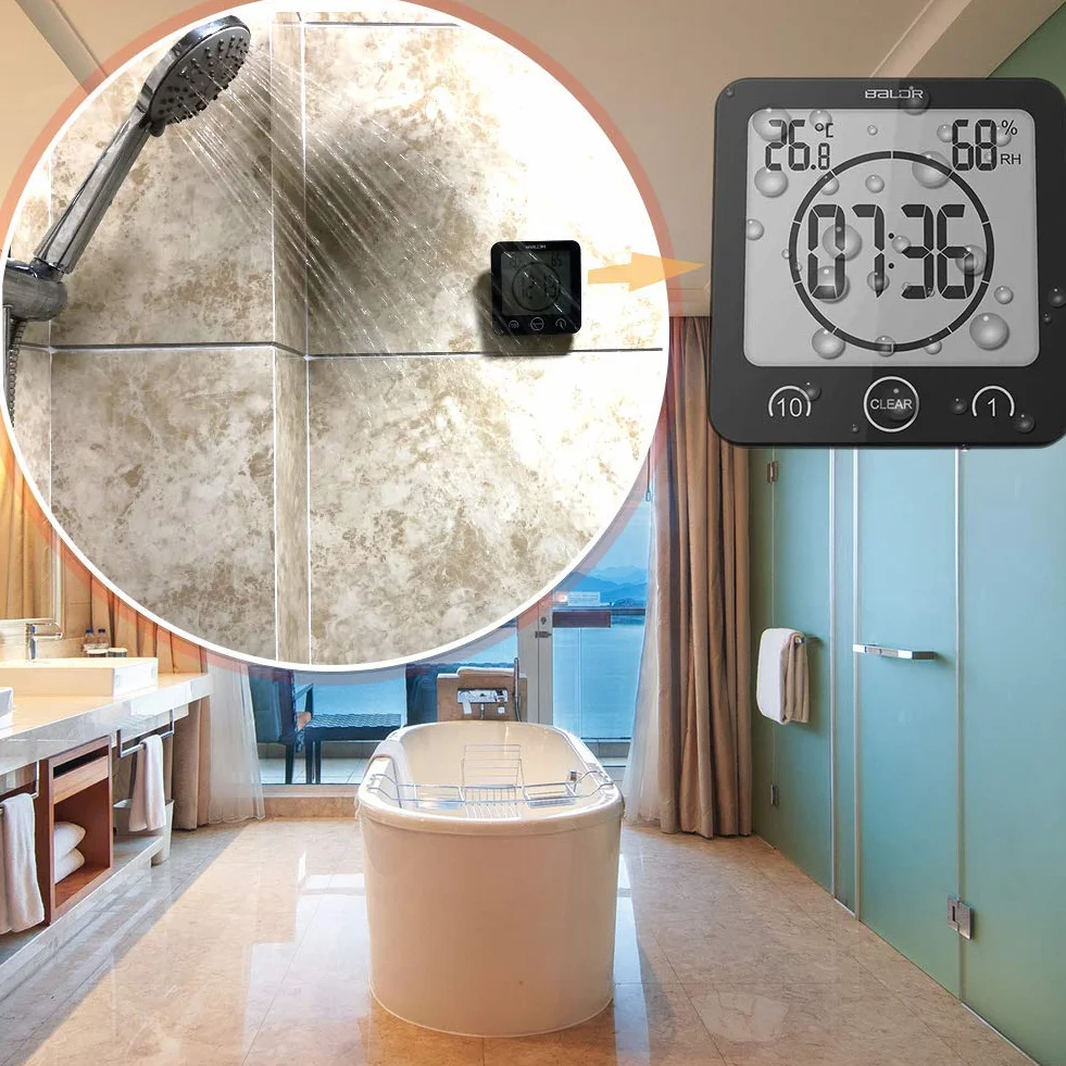 LCD Digital Ducha Reloj Impermeable Temporizador Temperatura Humedad Pared Cocina (Negra)