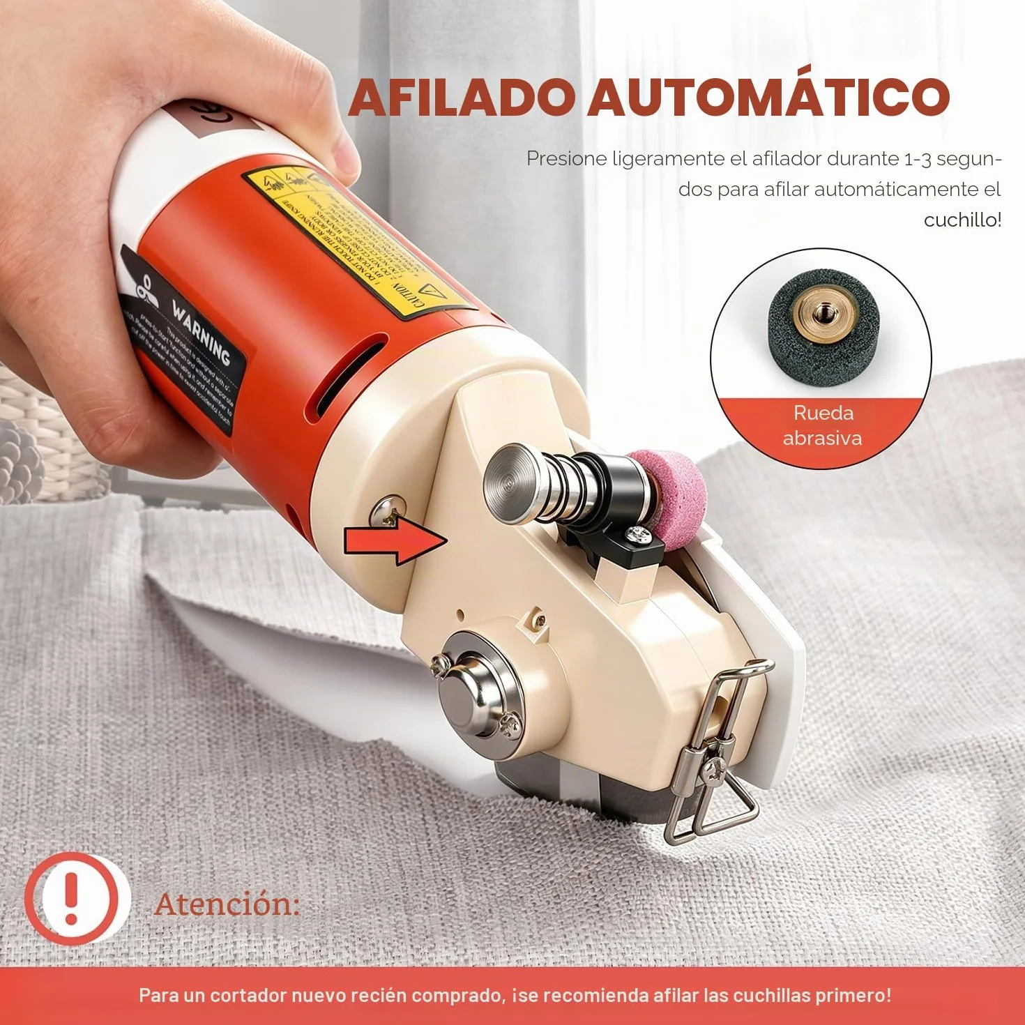 CGOLDENWALL YJ-65 Cortador de Tela Eléctrico con 22mm de Espesor Máx. de Corte, Tamaño de la Cuchilla 65mm, con Función de Afilado Automático, Ideal para Cortar Textil/Cuero/Alfombra
