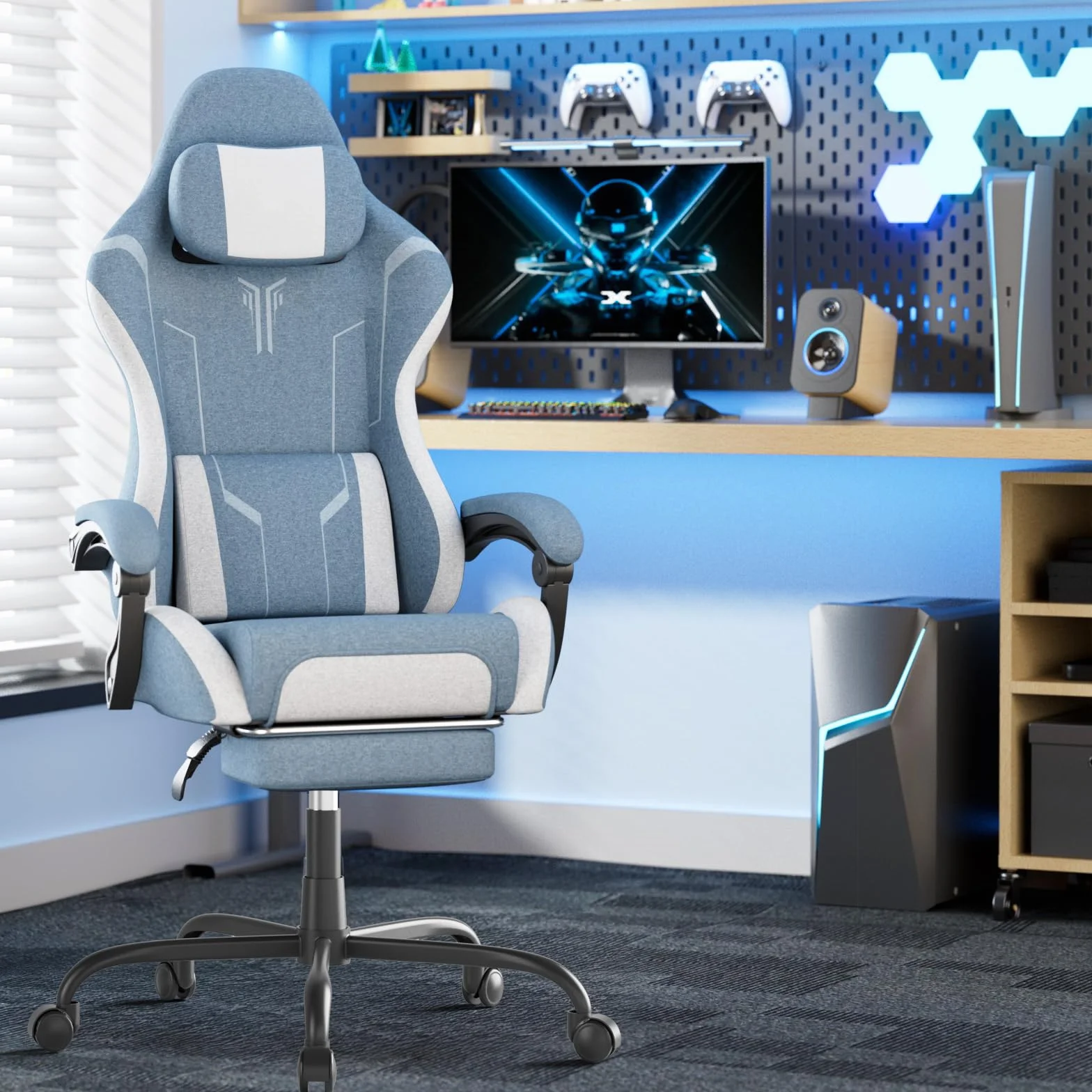 Silla de gaming ergonómica con función de masaje, reposapiés, almohada extraíble, reposabrazos integrados, soporta 110 kg, silla de PC para oficina y hogar, color azul