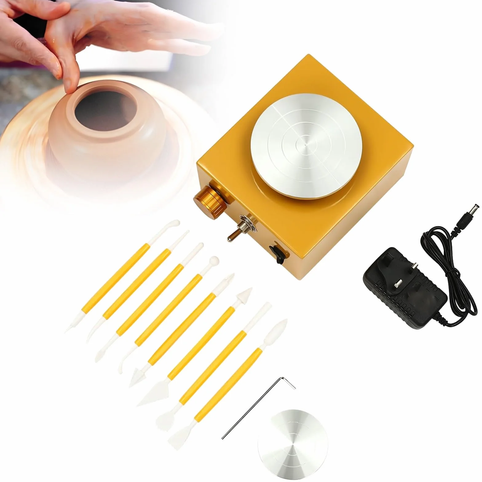 Mini torno de alfarería eléctrico,Couleeur 2000 RPM y platos de 10/6,5cm Máquina de alfarería con plato giratorio con herramientas de modelado for tiendas de bricolaje de cerámica