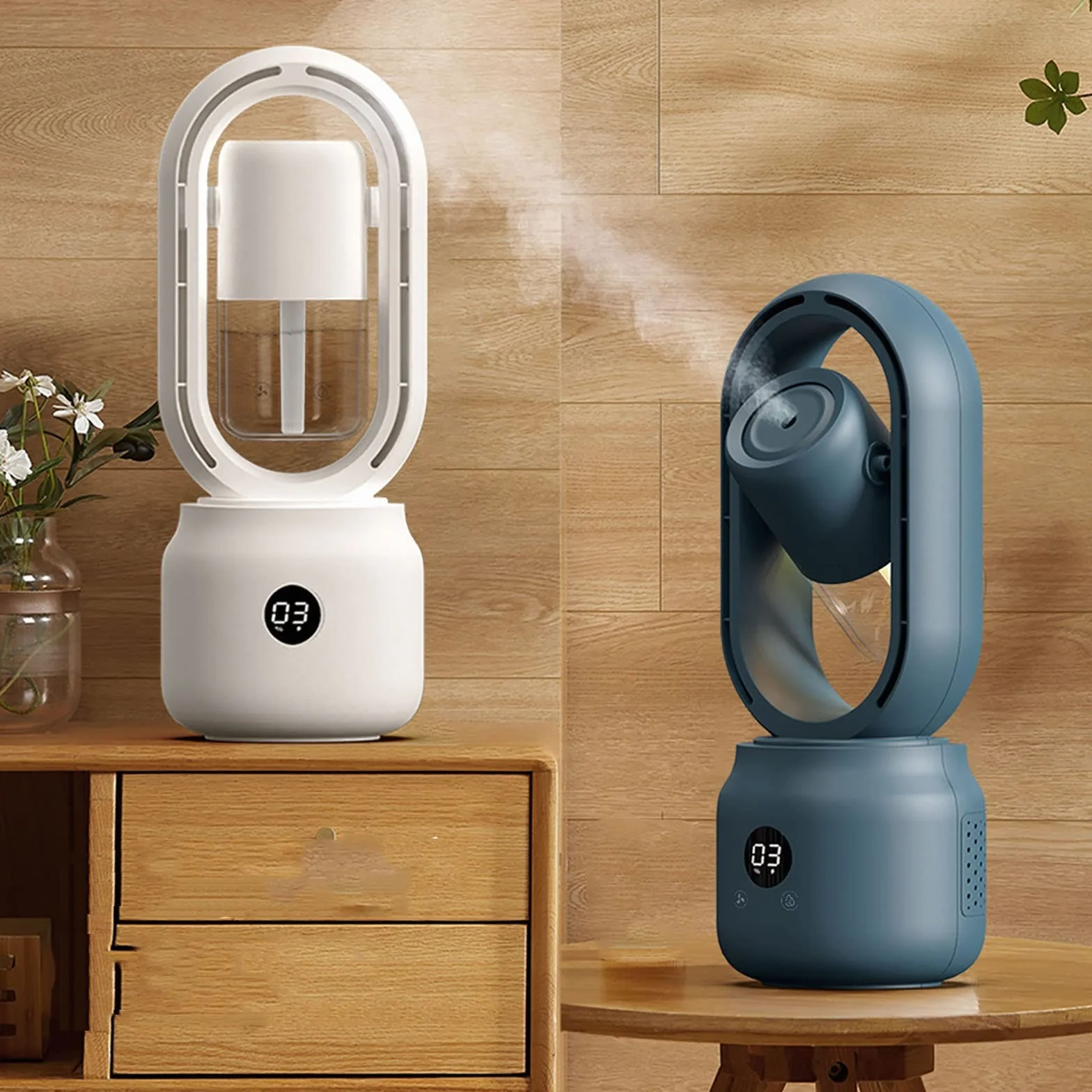 Ventilador sin aspas oscilante silencioso 3 en 1, ventilador de torre con tanque de agua, ventilador de mesa silencioso personal con luz nocturna pequeña, con pilas de 4000 mAh, regalos de verano ( Co
