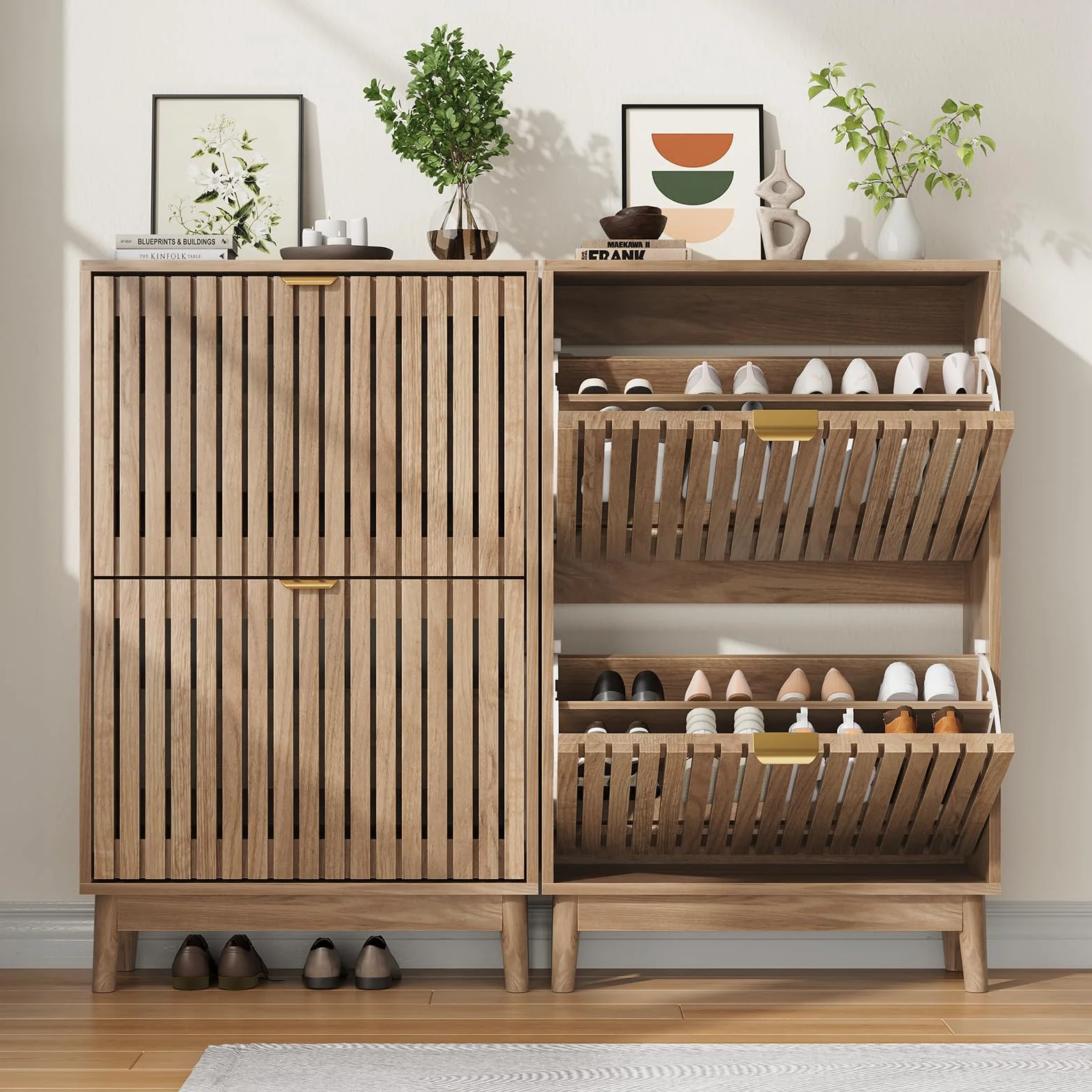 Kiasthome Mueble Zapatero de Madera con 2 Cajones Abatibles, Organizador de Zapatos con Puertas Rejilladas Ventiladas, Zapatero Moderno para Entrada, Pasillo y Salón (Natural, 60 cm)