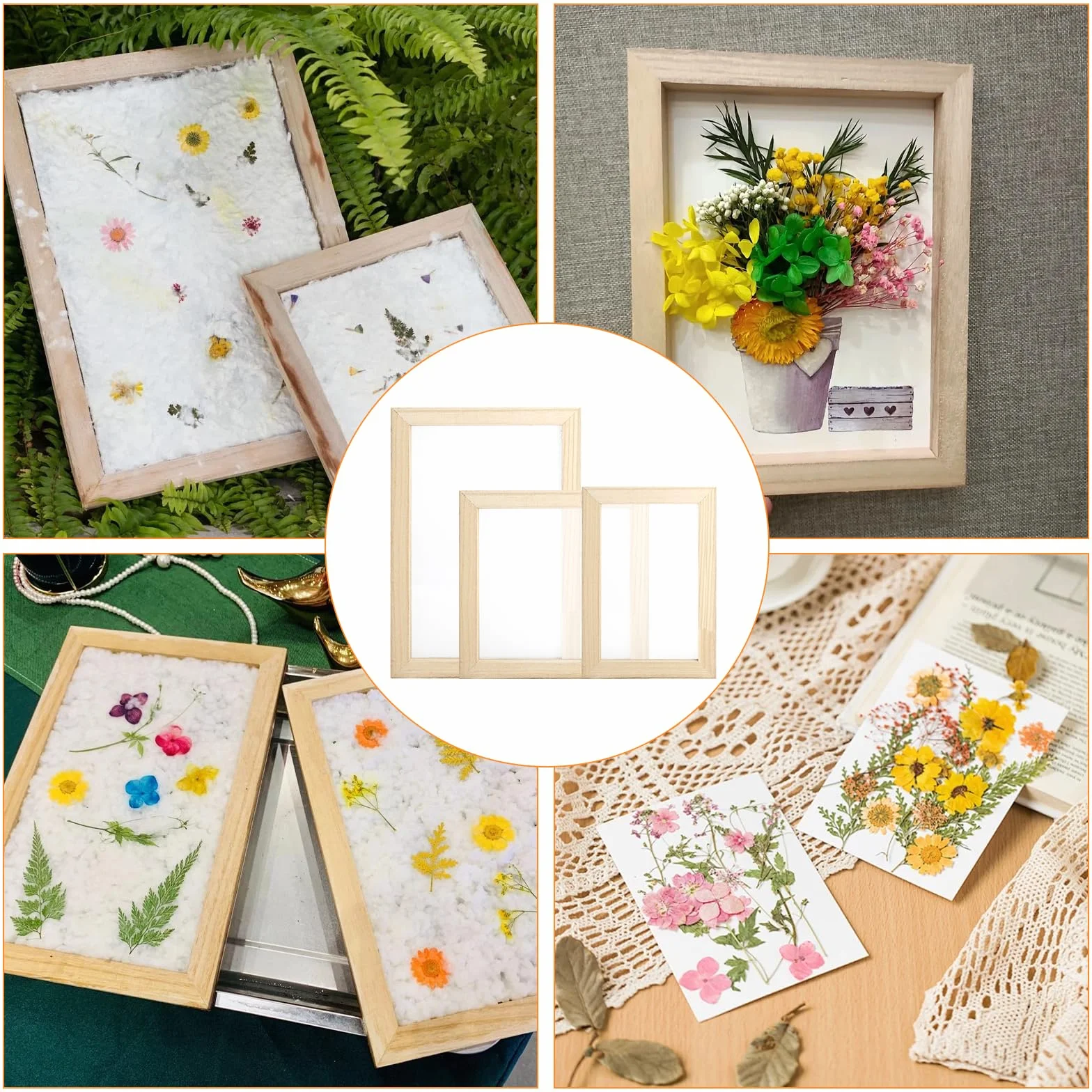 Set de 3 marcos para fabricación de papel en madera con bastidor y tamiz herramienta DIY reciclado