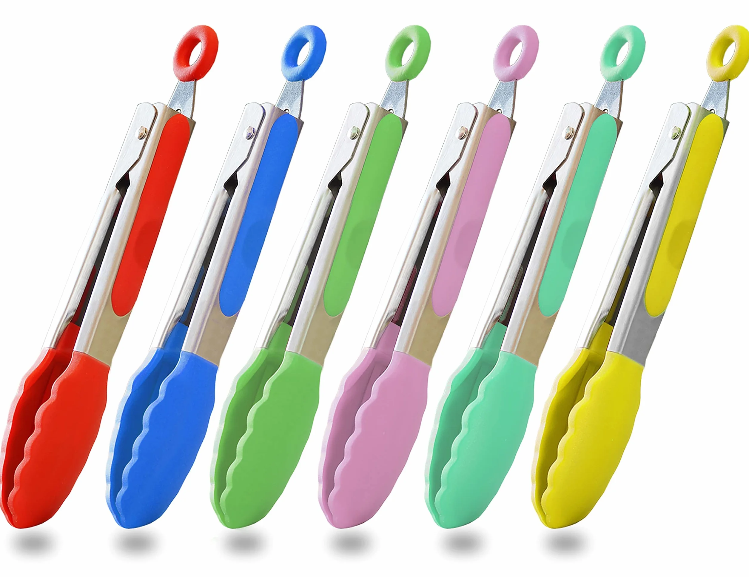 HINMAY Juego de 6 pinzas de cocina coloridas de 7 pulgadas con puntas de silicona, juego de 6 (rojo, azul, verde, rosa y amarillo)