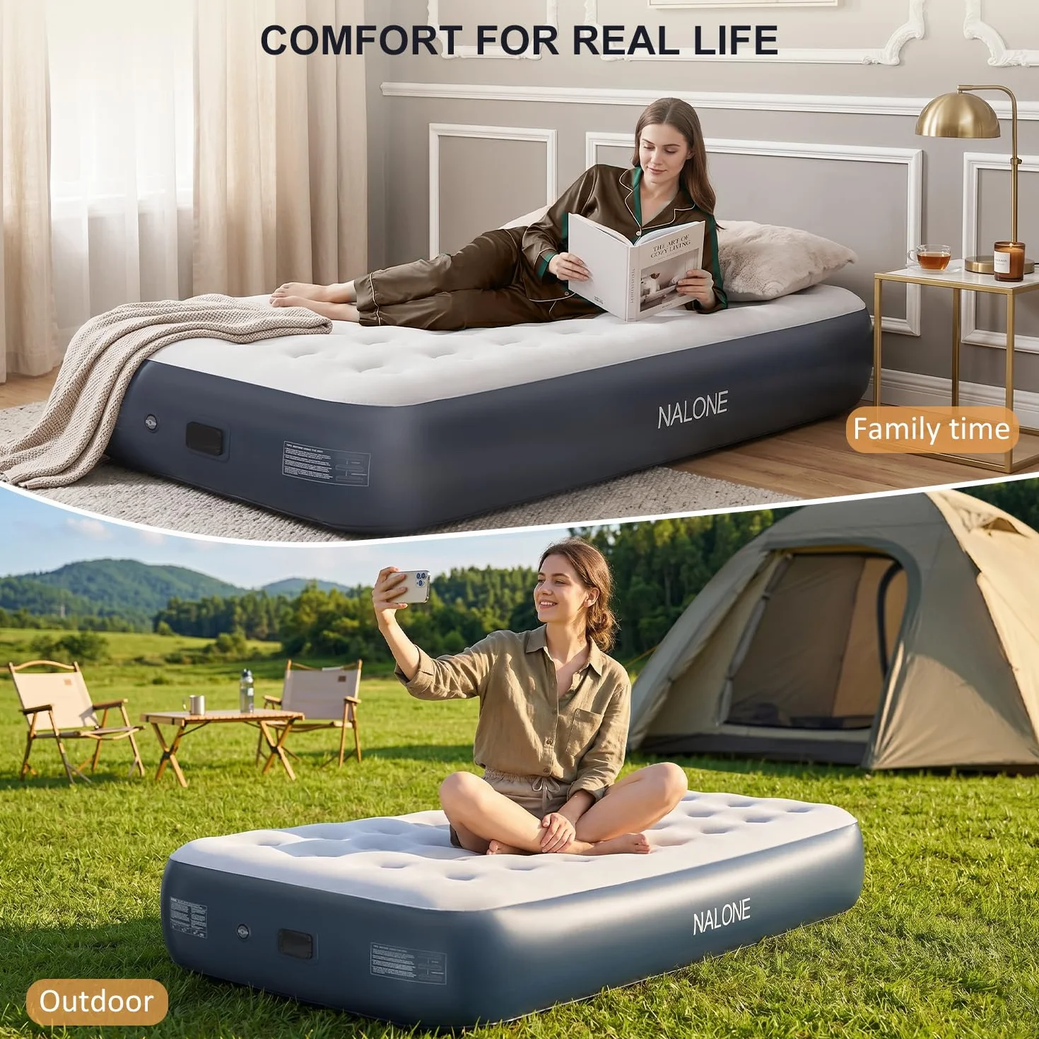 NALONE Colchón Hinchable Individual con Inflador Recargable Integrado 191x99x33cm, Colchón Inflable Matrimonio Autohinchable Cama Hinchable Eléctrico para Uso Doméstico Y Camping
