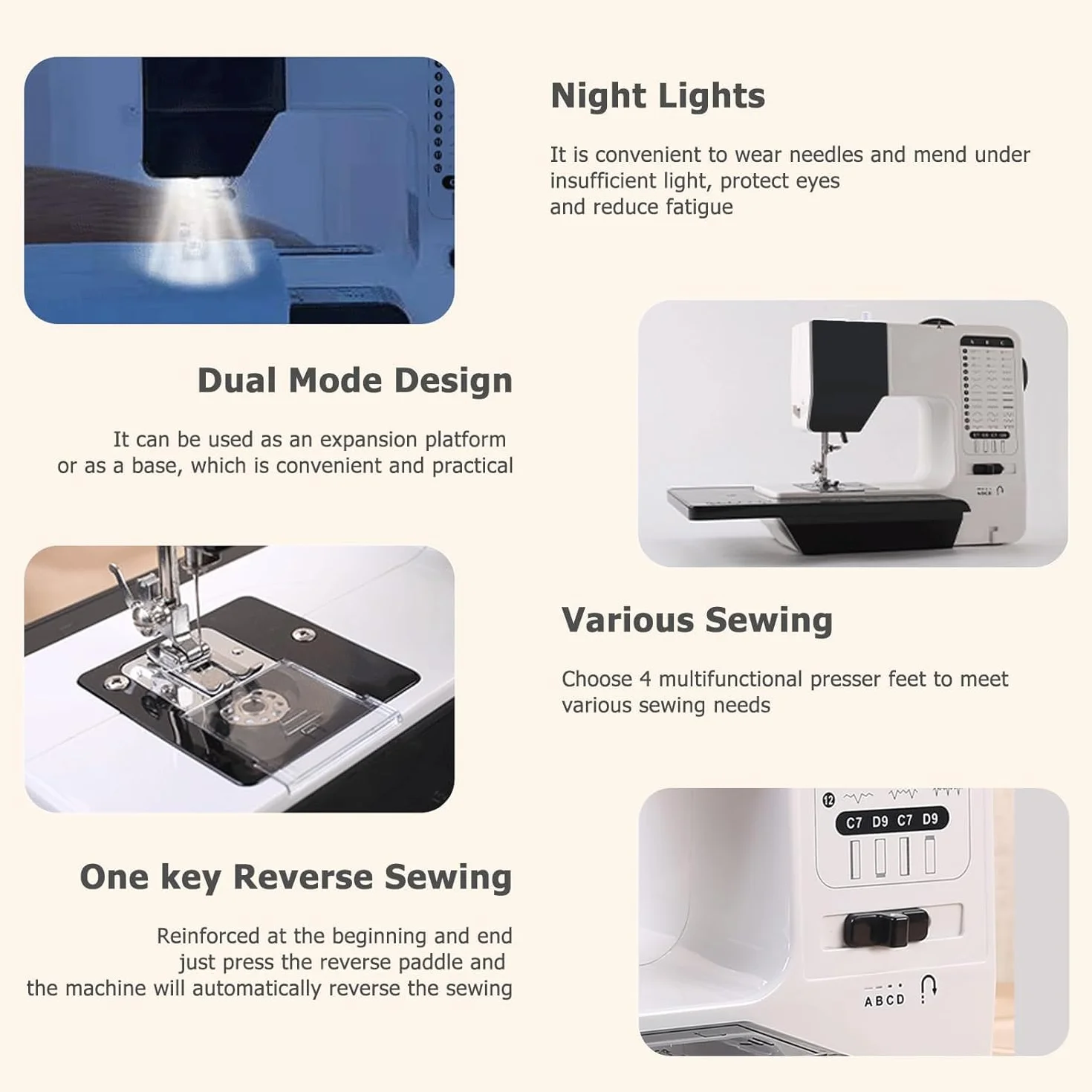 Máquina de coser industrial resistente, diseño portátil con 38 puntadas integradas y luz nocturna, ideal para proyectos de reparación y costura, incluye mesa de extensión para todos los usuarios