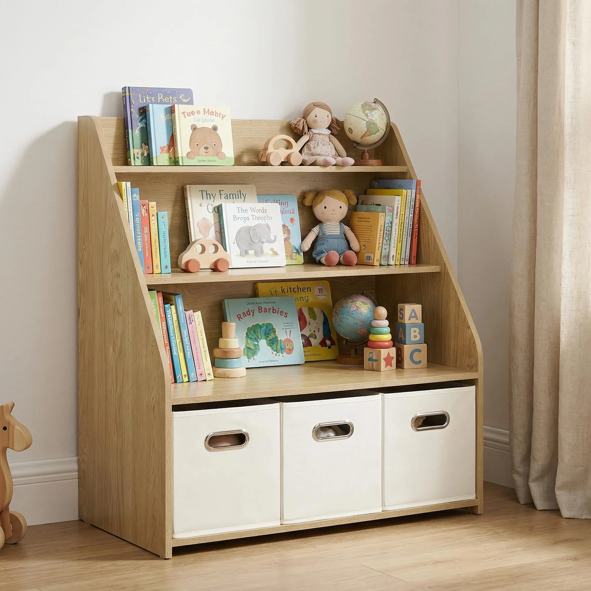 EFURDEN Estantería de Madera para niños con 3 cajones extraíbles, estantería para Juguetes y Libros 3 en 1 para habitación Infantil y Sala de Juegos, estantería de Almacenamiento Montessori
