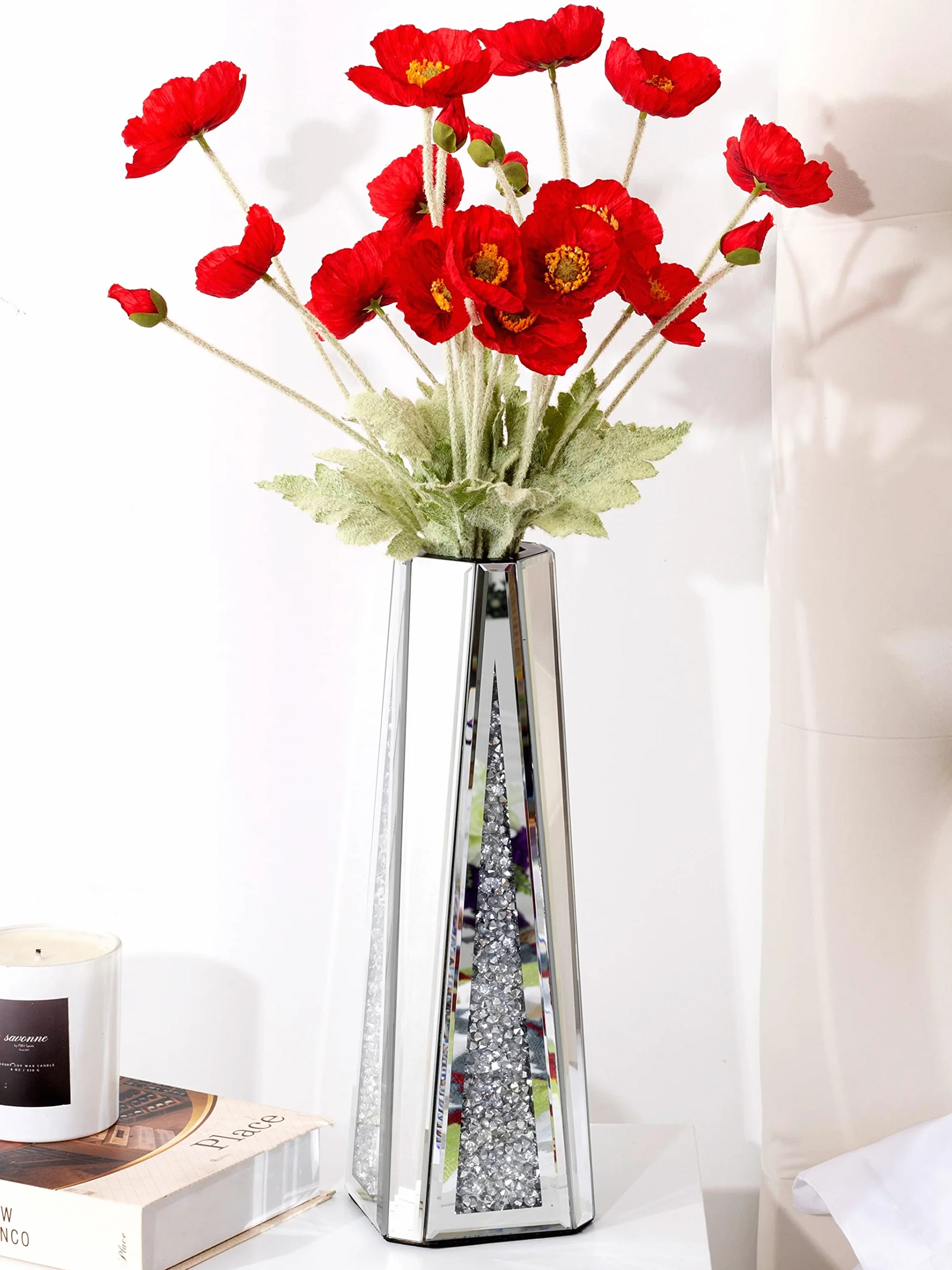 SHYFOY Jarrón grande para flores secas, 33 cm, decorativo de plata y cristal con cristales para el hogar, salón, mesa de comedor, boda