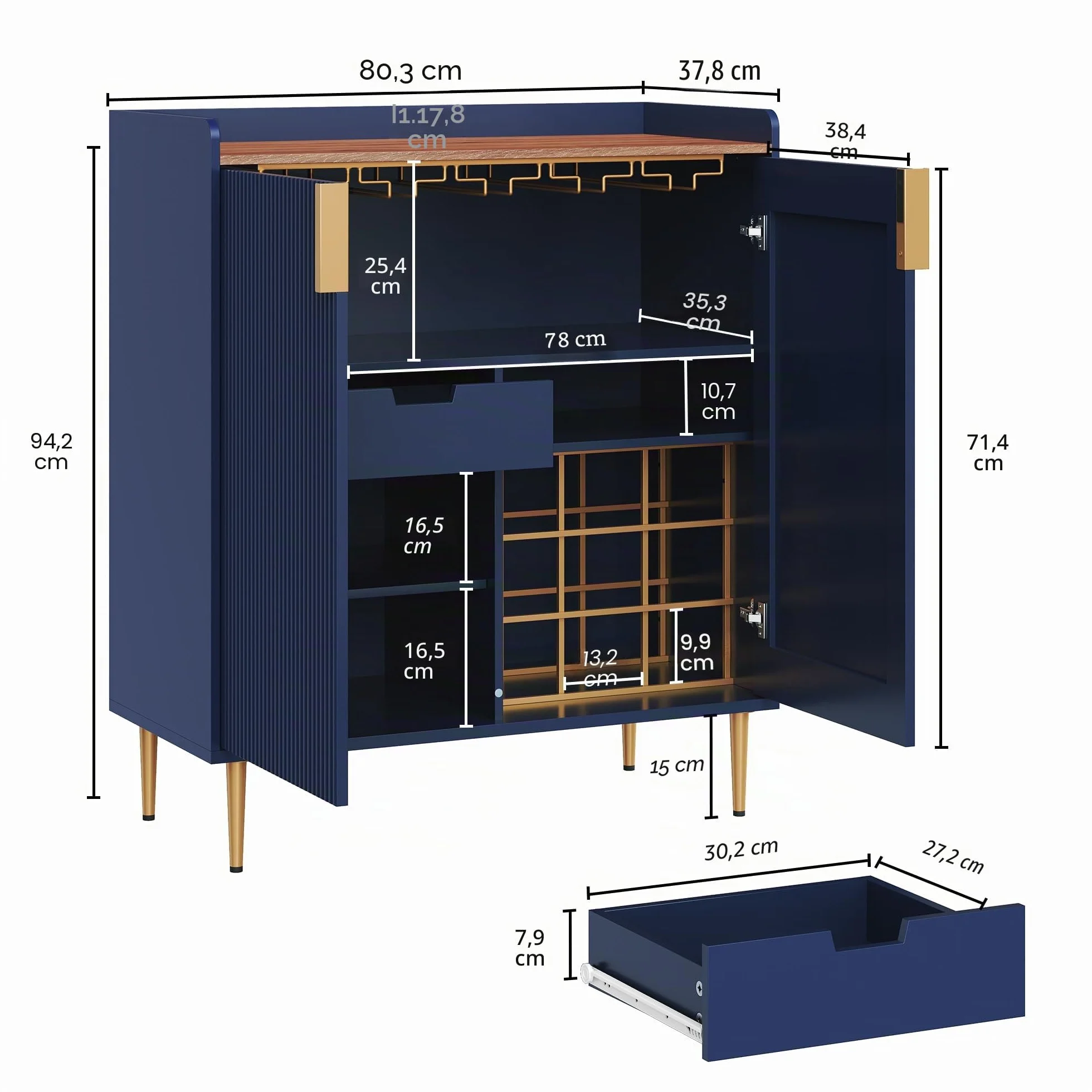 HOLTICO Gabinete de bebidas, gabinete de vino para 9 botellas, armario de bar con soportes de vidrio, estante de vino independiente, aparador, mesa de bar, buffet para sala de estar y comedor, color