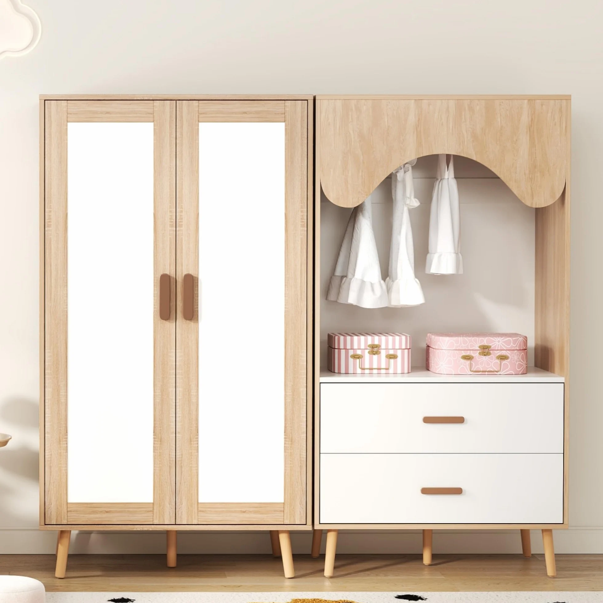 Armario infantil, juego con armario de dos puertas y abierto, para dormitorio, con barra para colgar y cajones, en color blanco y madera, 160 x 46 x 141,5 cm, Natural+Blanco