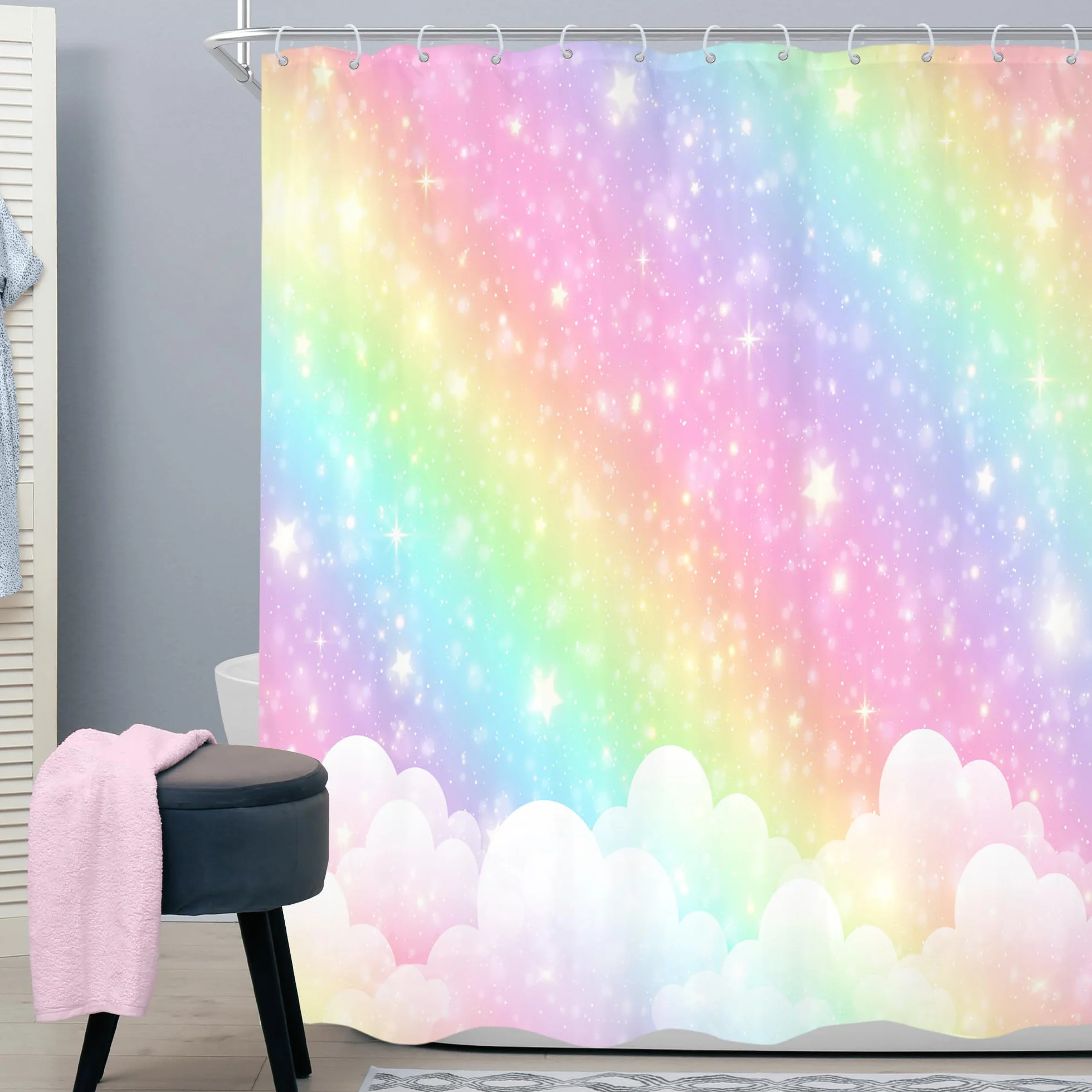 Cortina de ducha infantil arcoíris de 60 pulgadas de ancho x 72 pulgadas de alto, diseño de dibujos animados pastel con nubes y estrellas, juego de cortinas de baño estéticas, de tela,