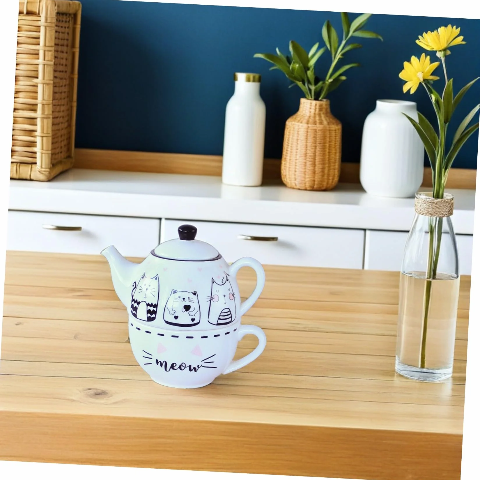 Toyvian Juego de Té de Cerámica Tetera y Taza en Blanco Diseño de Gato Adorable, Adecuado para Decoración del Hogar y Aficionados al Té