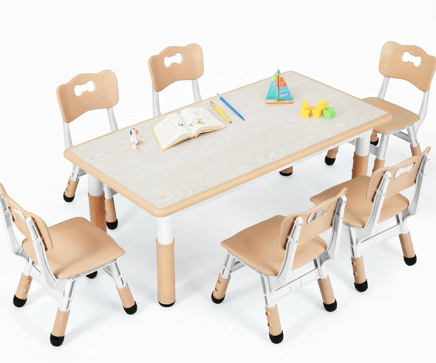Clevich Mesa Infantil con 6 sillas, Juego de sillas para guarderías y Habitaciones Infantiles, Altura Regulable, Muebles Infantiles de plástico, Grupo de Asientos para niños y niñas, Amarillo