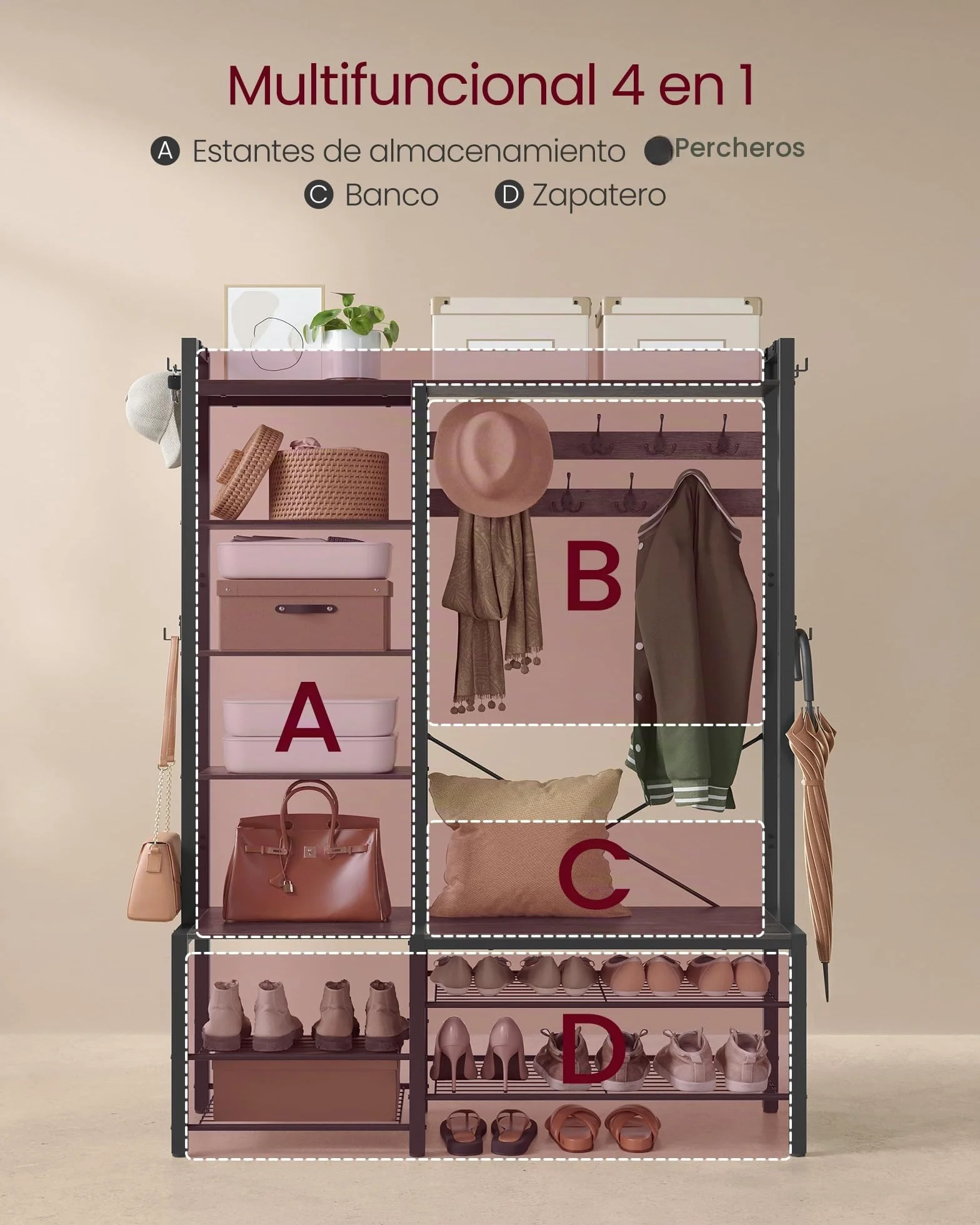 VASAGLE Perchero Recibidor con Banco Zapatero y 5 Estantes de Almacenaje, 9 Ganchos para Ropa y 6 Ganchos Laterales, 40 x 120 x 190 cm, Gris Piedra y Negro Tinta HSR426B04