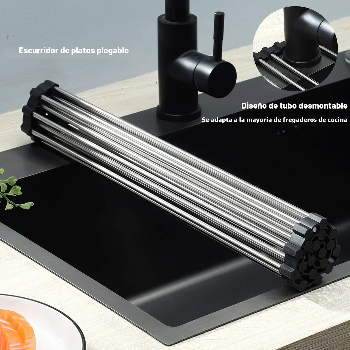 Escurreplatos Plegable y Extraíble ViWaVee, Escurridor de Platos sobre el Fregadero, Rejilla de Goteo, Negro 43x35