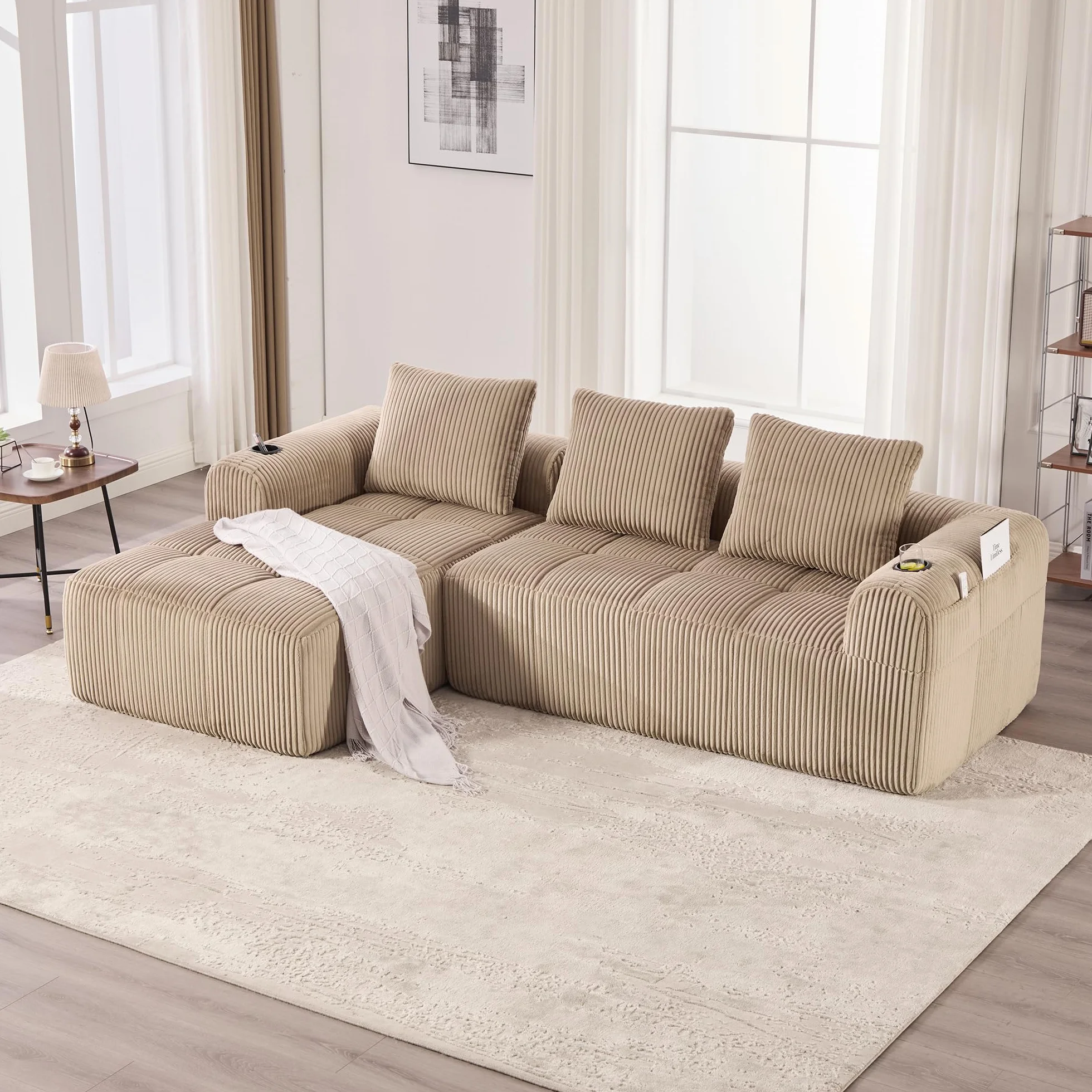 Soweiz Sofá compacto de pana – Sofá modular suave con bolsillo lateral y soporte para bebidas, comodidad para sentarse durante mucho tiempo, incluye 3 almohadas. Para salón, estudio y más (caqui)