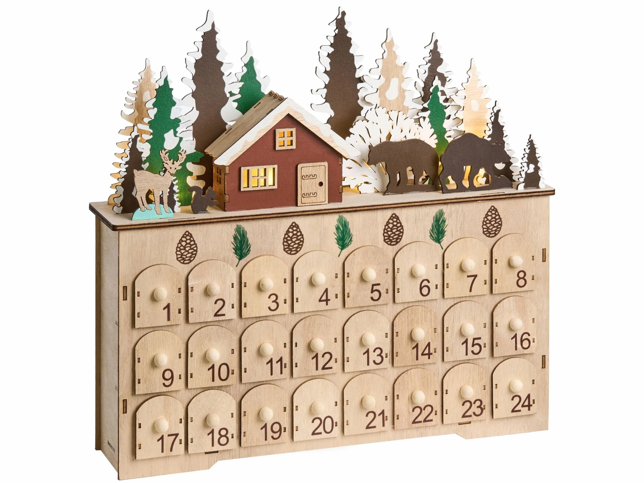 Decoración de Navidad LED Calendario de Adviento de Madera Escena navideña a Pilas marrón Claro Helin
