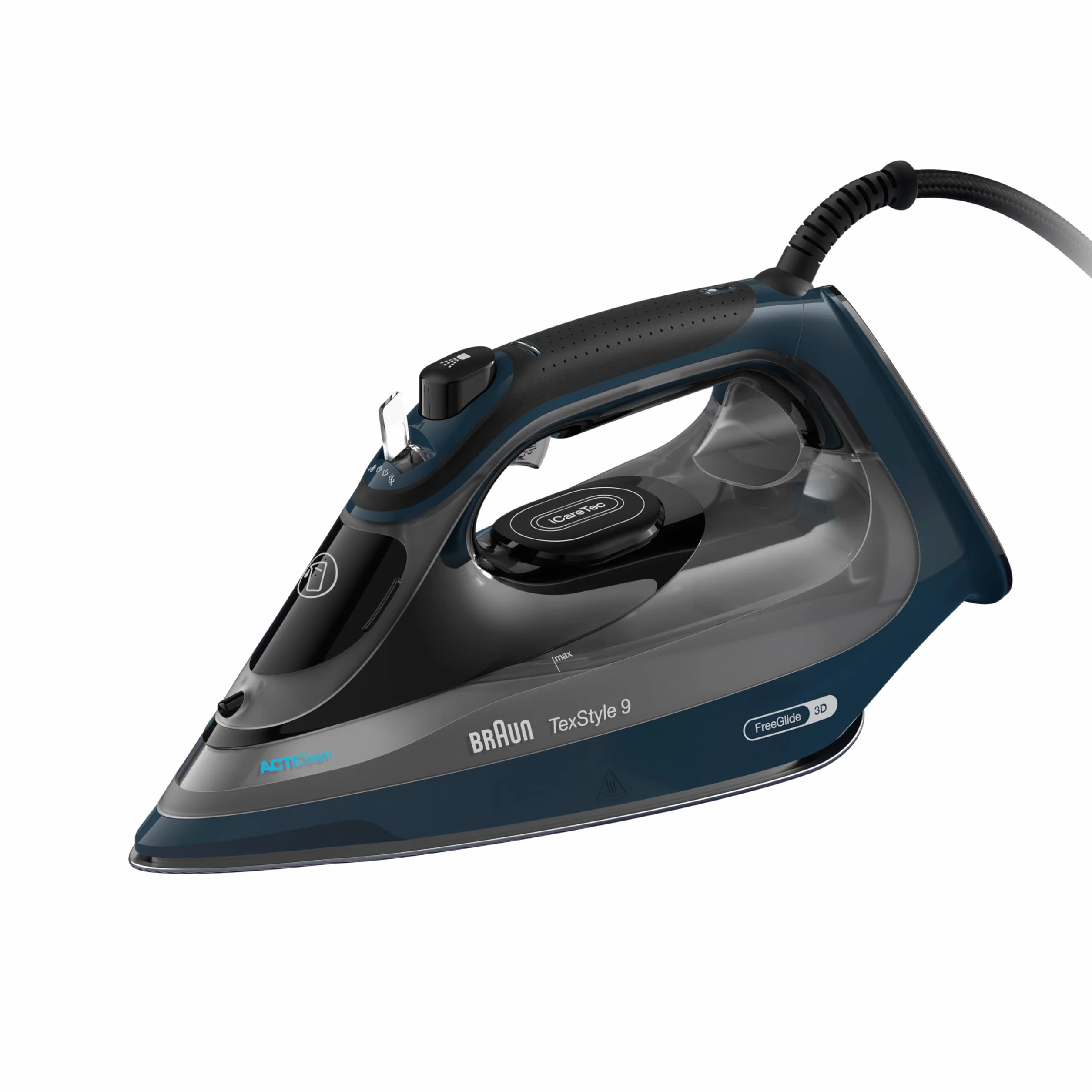 Braun TexStyle 9 SI9682 DB - Plancha de vapor con tecnología FreeGlide 3D, vapor vertical, función antigoteo, función de autolimpieza, orificio de llenado de 330 ml, 260 g/min, 3200 W, azul oscuro