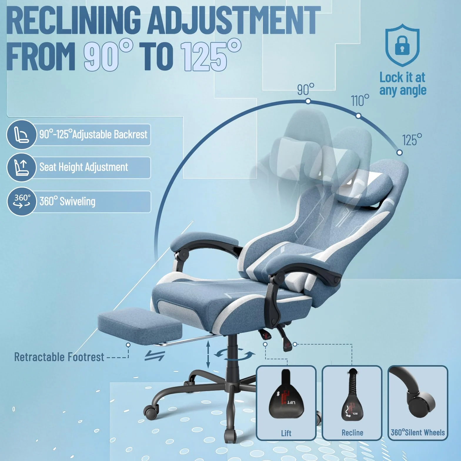 Silla de gaming ergonómica con función de masaje, reposapiés, almohada extraíble, reposabrazos integrados, soporta 110 kg, silla de PC para oficina y hogar, color azul