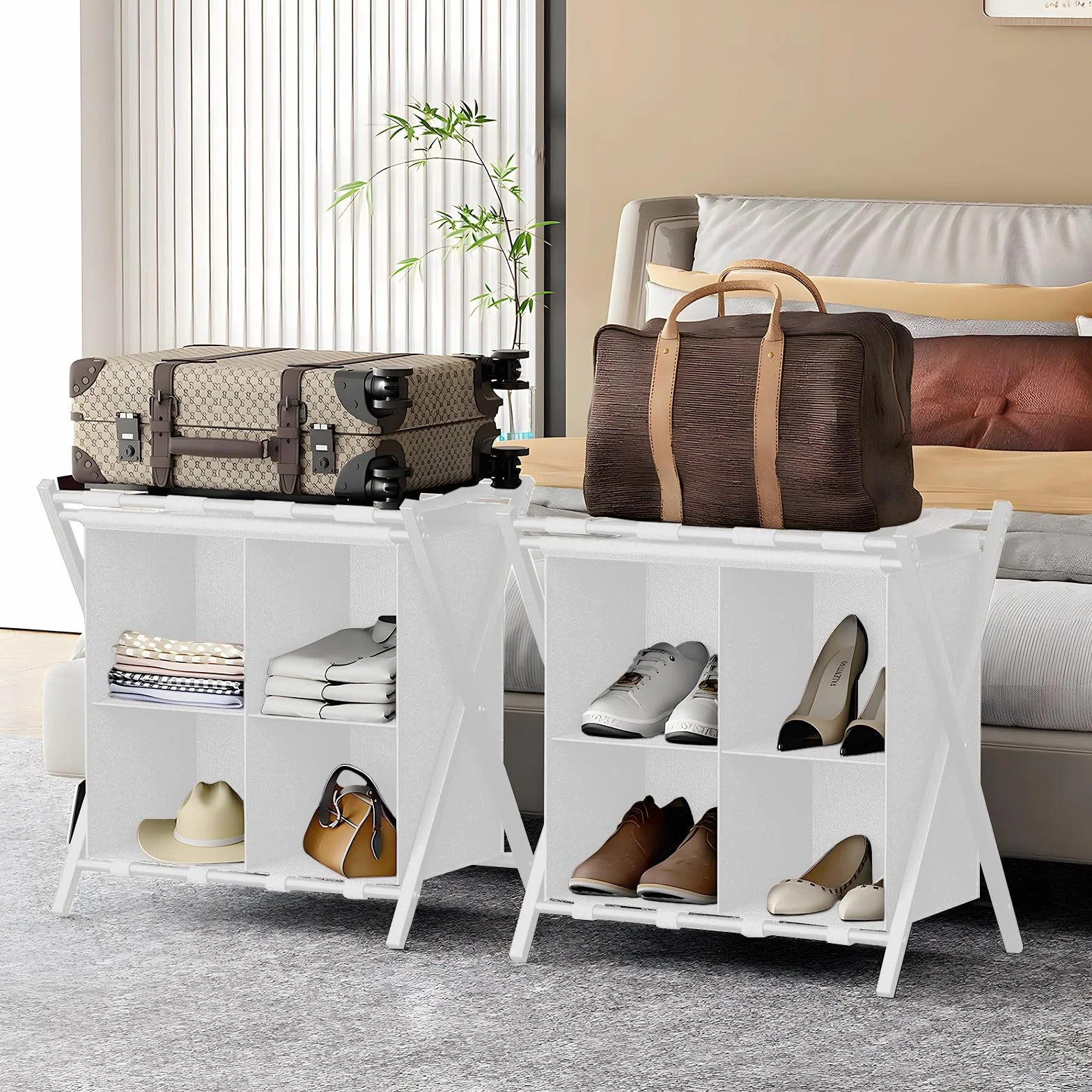 Huhote Portaequipajes para habitación de invitados, juego de 2, soporte plegable para maleta con estante de almacenamiento de tela, soporte de equipaje, soporte plegable de acero para habitación de