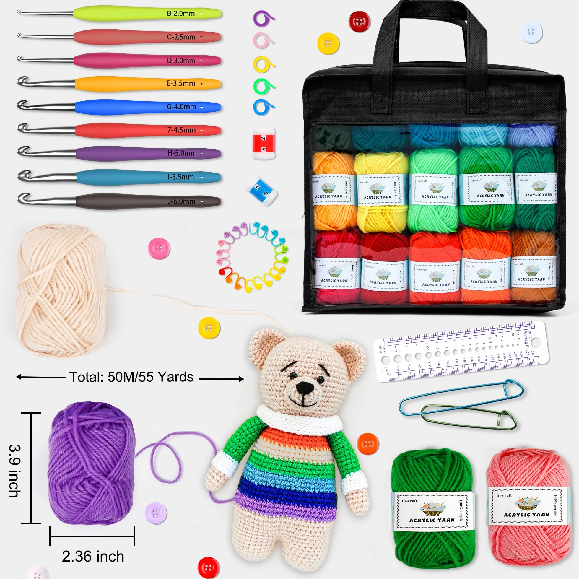 Kit de ganchillo con agujas de 103 piezas, paquete prémium que incluye bolas de hilo de 1509 m, agujas, accesorios, paquete de inicio ideal para niños, adultos, principiantes y profesionales.