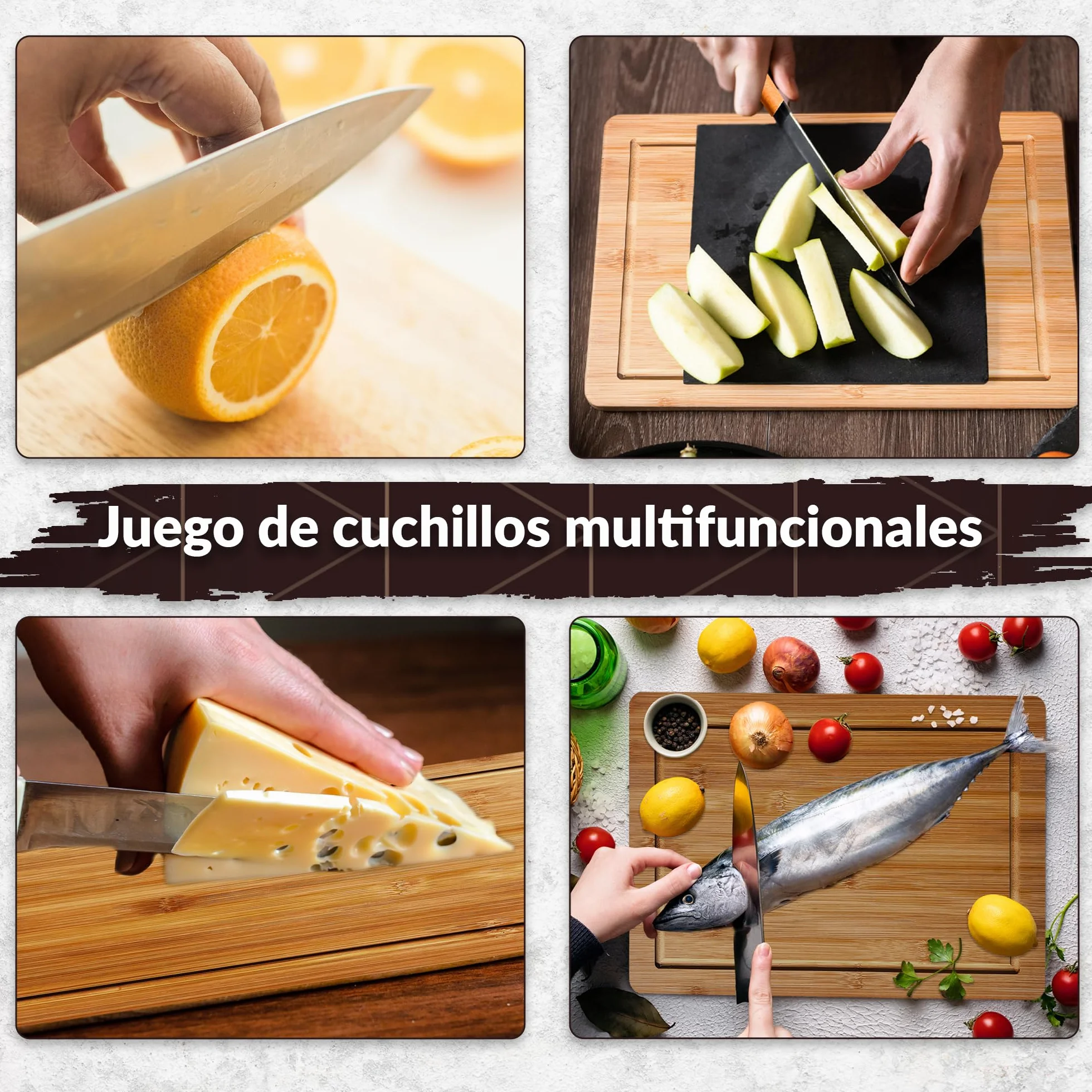 Tabla Cortar Cocina Madera Bambú 35x25x1cm Set 3 Cuchillos Profesional