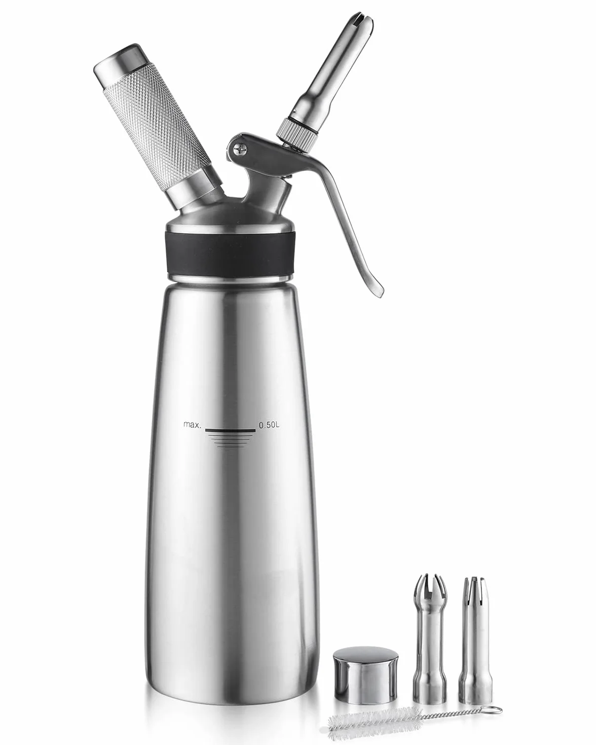 Sivaphe sifon Cocina de Espuma Dispensador de Crema de Nata Acero Inoxidable Profesional 3 decoración boquillas (500ml,cápsulas N20 no incluidos) (Plata-)